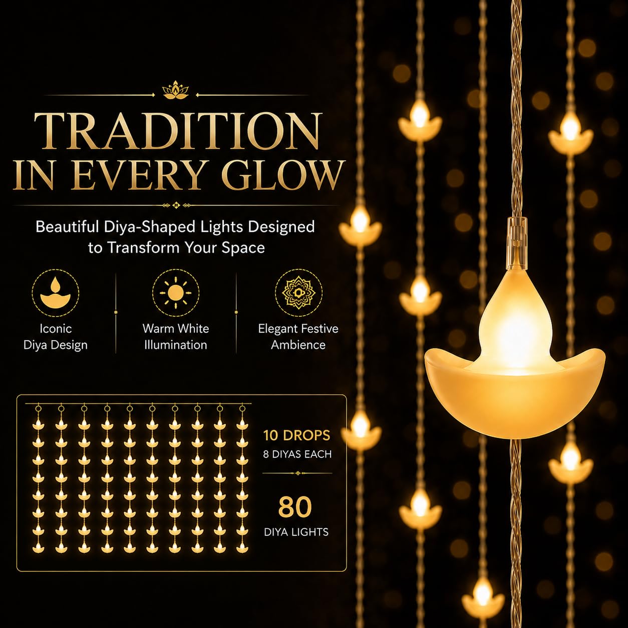 Diya Fairy Lights - 80 LED String Lights -5