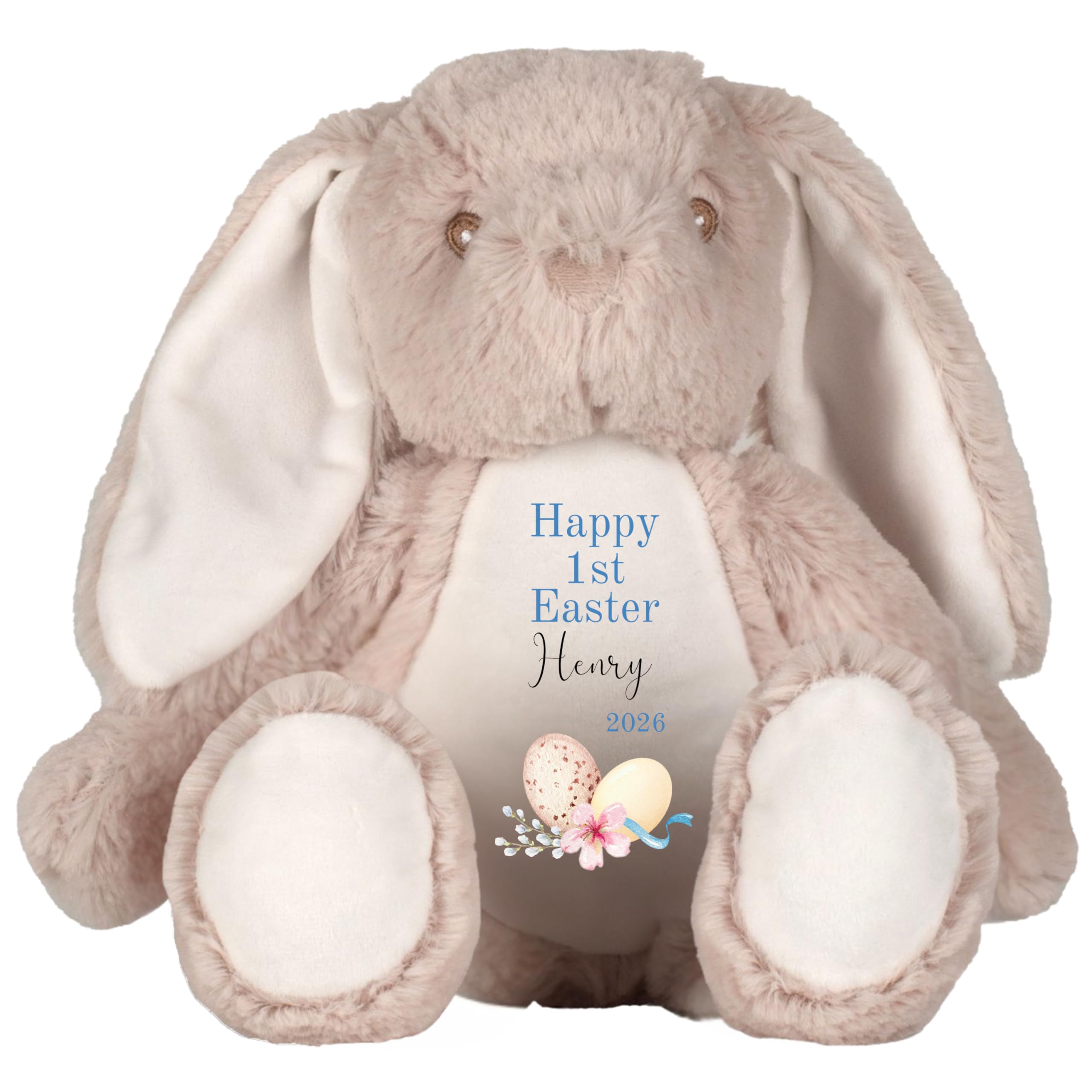HotScamp Personalised Easter Bunny with Name - Happy 1st Easter Egg 2026 Blue - Soft Toy for Baby, Toddler, Child, Kids, Babies Spring Time - Blue Letter Brown Bunny