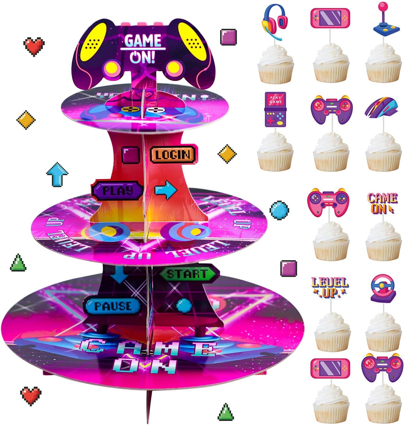 3 Tier Video Game Cupcake Stand and Toppers for 24 Cupcakes Gaming Theme Cardboard Cake Dessert Holder Tower for Gamer Night Party Decoration Boy Birthday Game On Decorations Themed Party Supplies