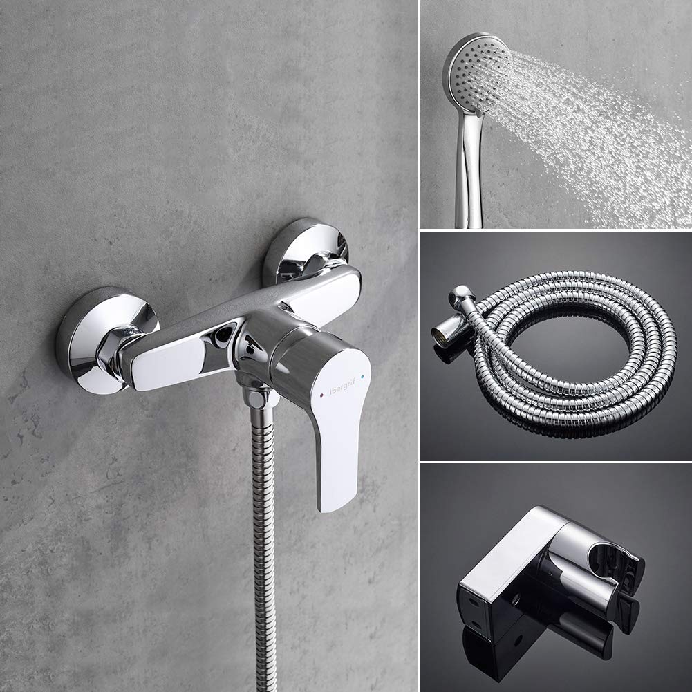 Ibergrif M12057 Miscelatore doccia con soffione, sistema doccia a parete con supporto regolabile e flessibile 150 cm