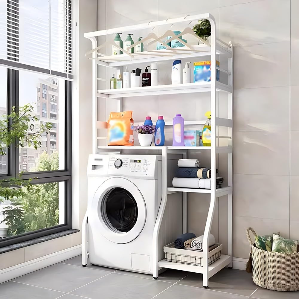 Étagère de rangement réglable pour machine à laver dans une buanderie ordonnée
