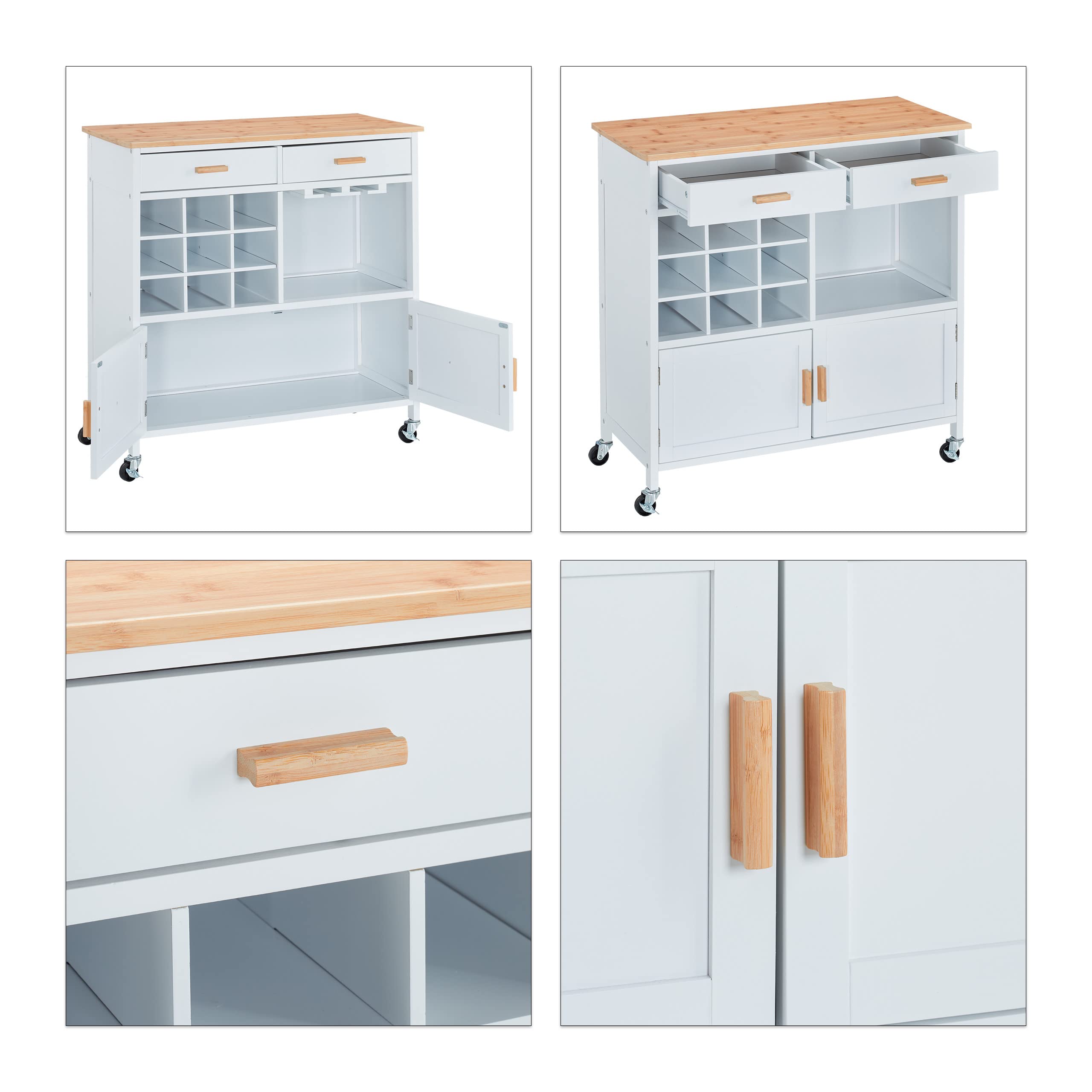 Relaxdays Carrello da Cucina, 2 Cassetti, Vano, Scomparti Calici e Vino, 88,5x86x41 cm, Piano di Lavoro, Bianco/Naturale