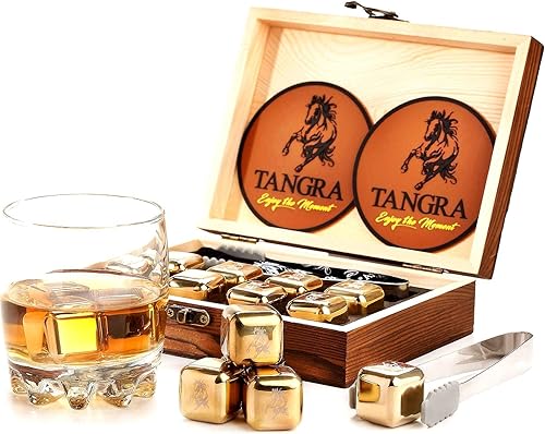 Miniatura 5 de Juego de 8 cubitos de hielo dorados de acero inoxidable para whisky. Rocas refrescantes reutilizables en caja de madera, ideas para hombres, papá,