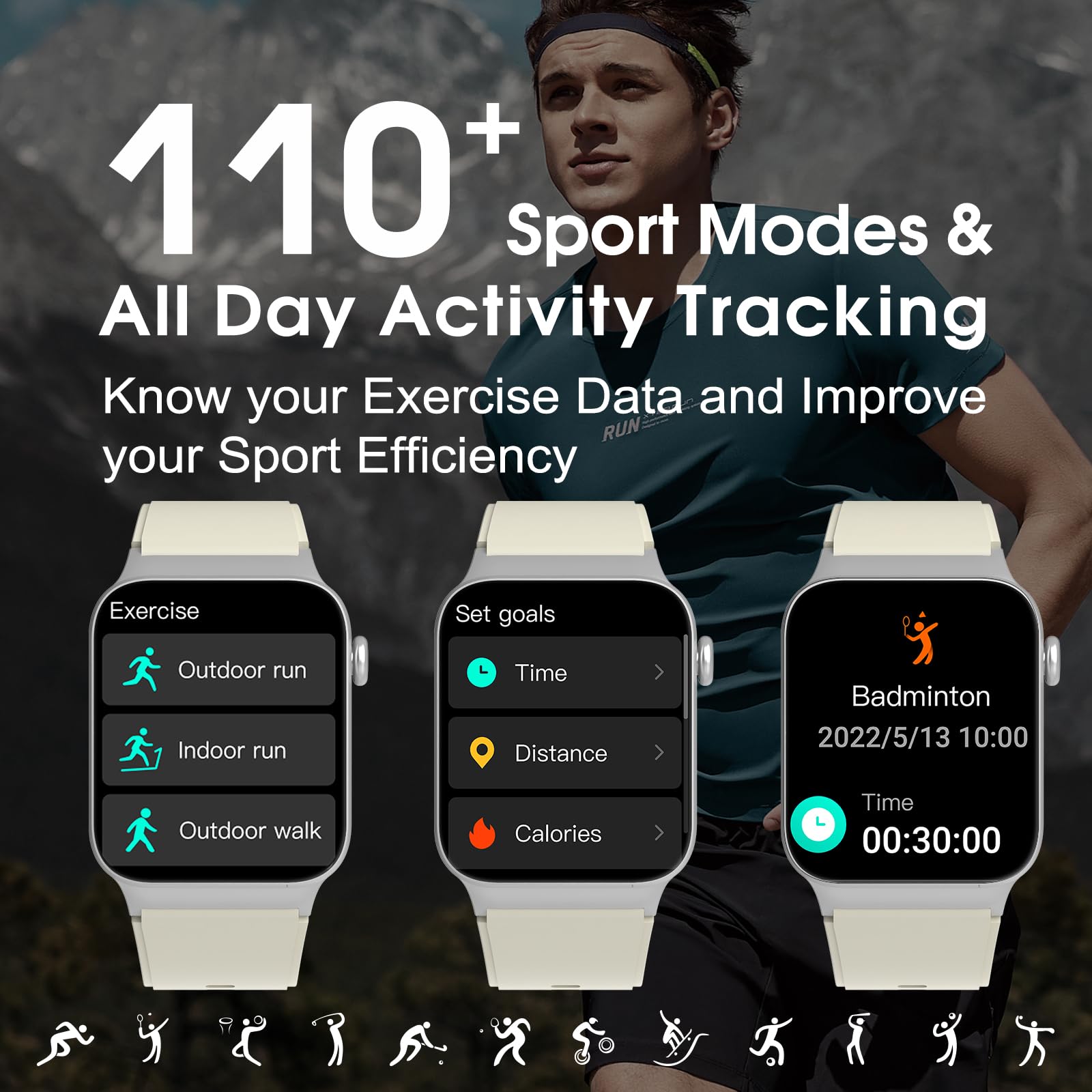 STECEi Montre Connectée Homme Femmes avec Appel Bluetooth, 1.85" Smartwatch avec 110+ Sportifs,Etanche IP68 Smart Watch, Podometre/Cardiofrequencemetre/Sommeil, Montre Sport, Blanc