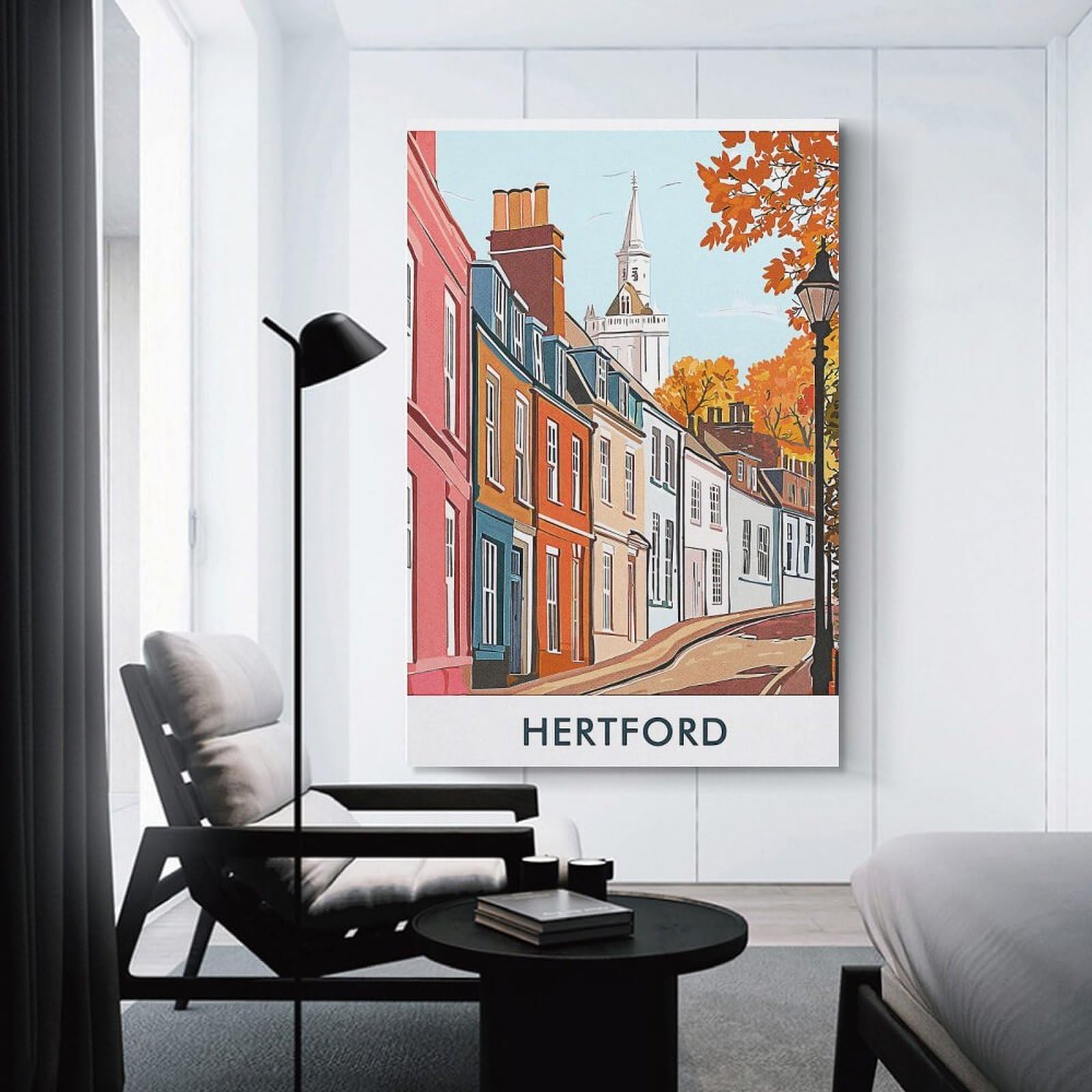 Junmoney Hertford Town Illustration Hanging Wall Art 16x24inch(40x60cm), for Front Hall, Corridor Or Welcome Spaces, Wall Decor to Refresh Empty Corners