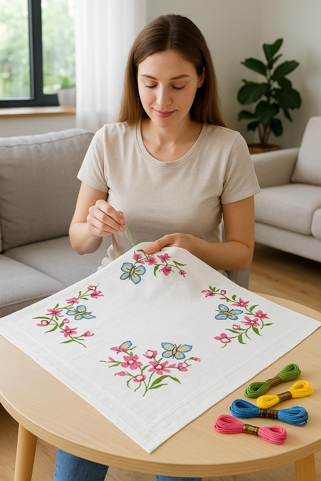 KAMACA Kit da ricamo, tovaglia a punto piatto con motivo floreale, tela prestampata incl. filo da ricamo, schema di ricamo e istruzioni, kit da ricamo fai da te per adulti (Iris e Farfalle MD 80 x 80