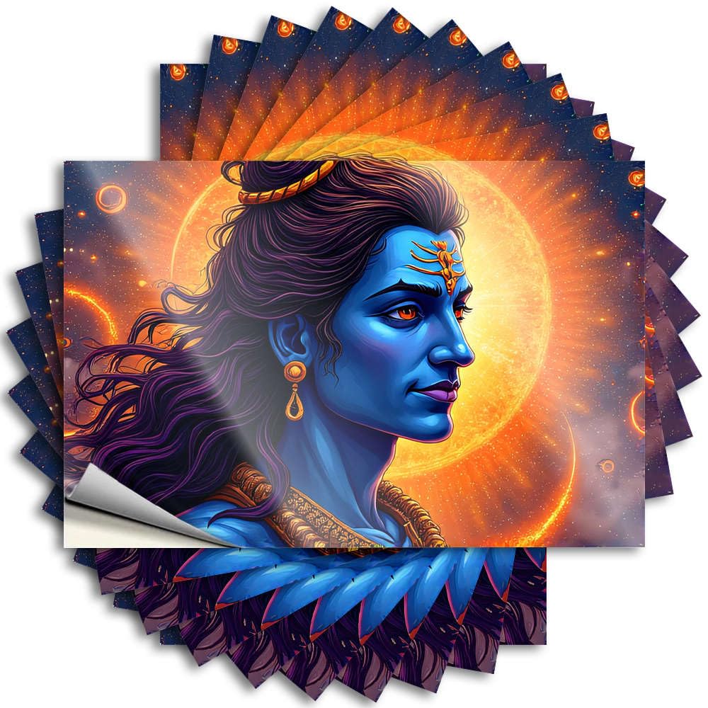 Decal Space Room Decor Peel and Stick - Blue-Skinned Deity with Golden Jewelry Against A Fiery Background Cover Encouraging Waterproof Vinyl for Long(8X12CM)
