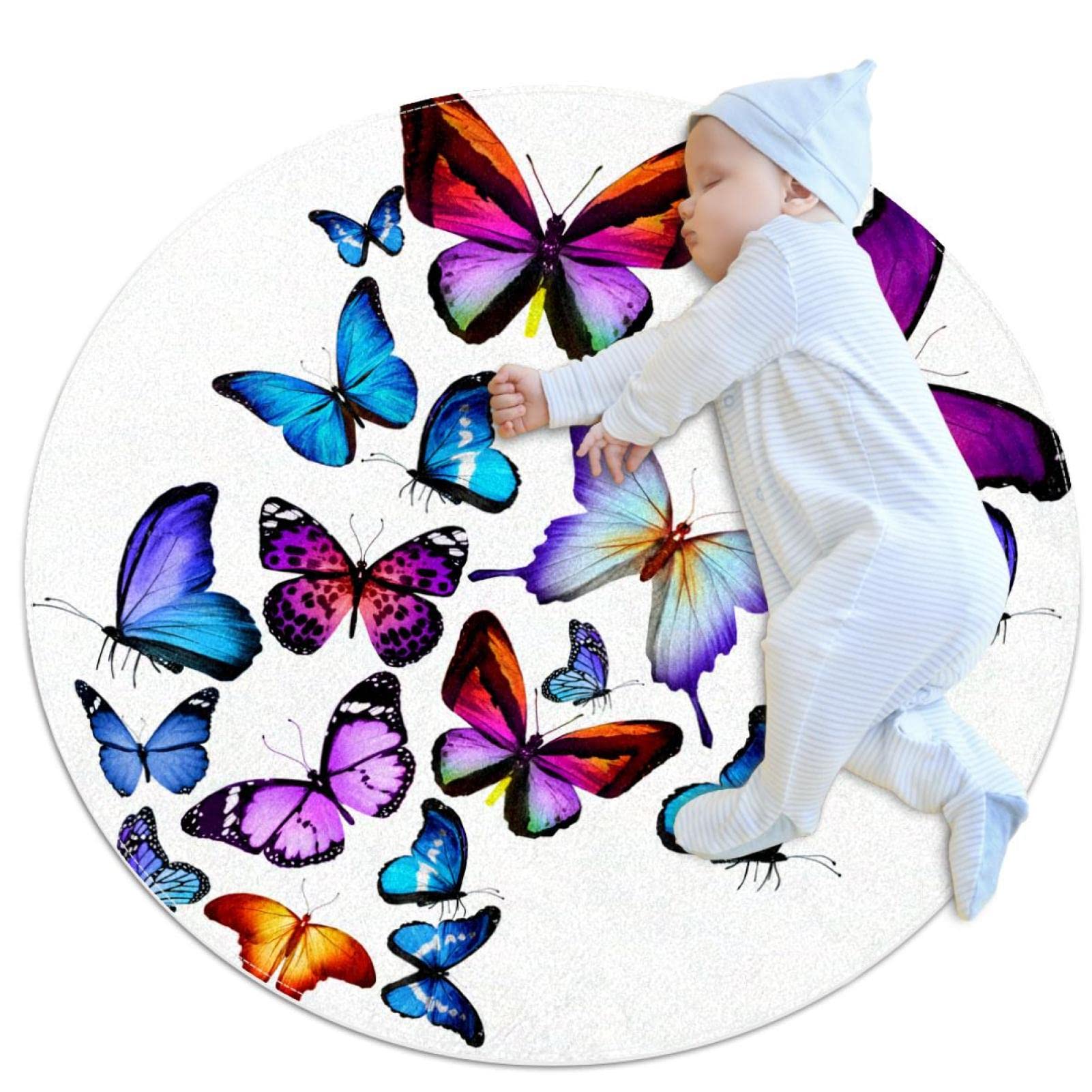 Tapis de jeu pour enfants rond JDEZ aux motifs de papillons colorés en taille 80x80cm