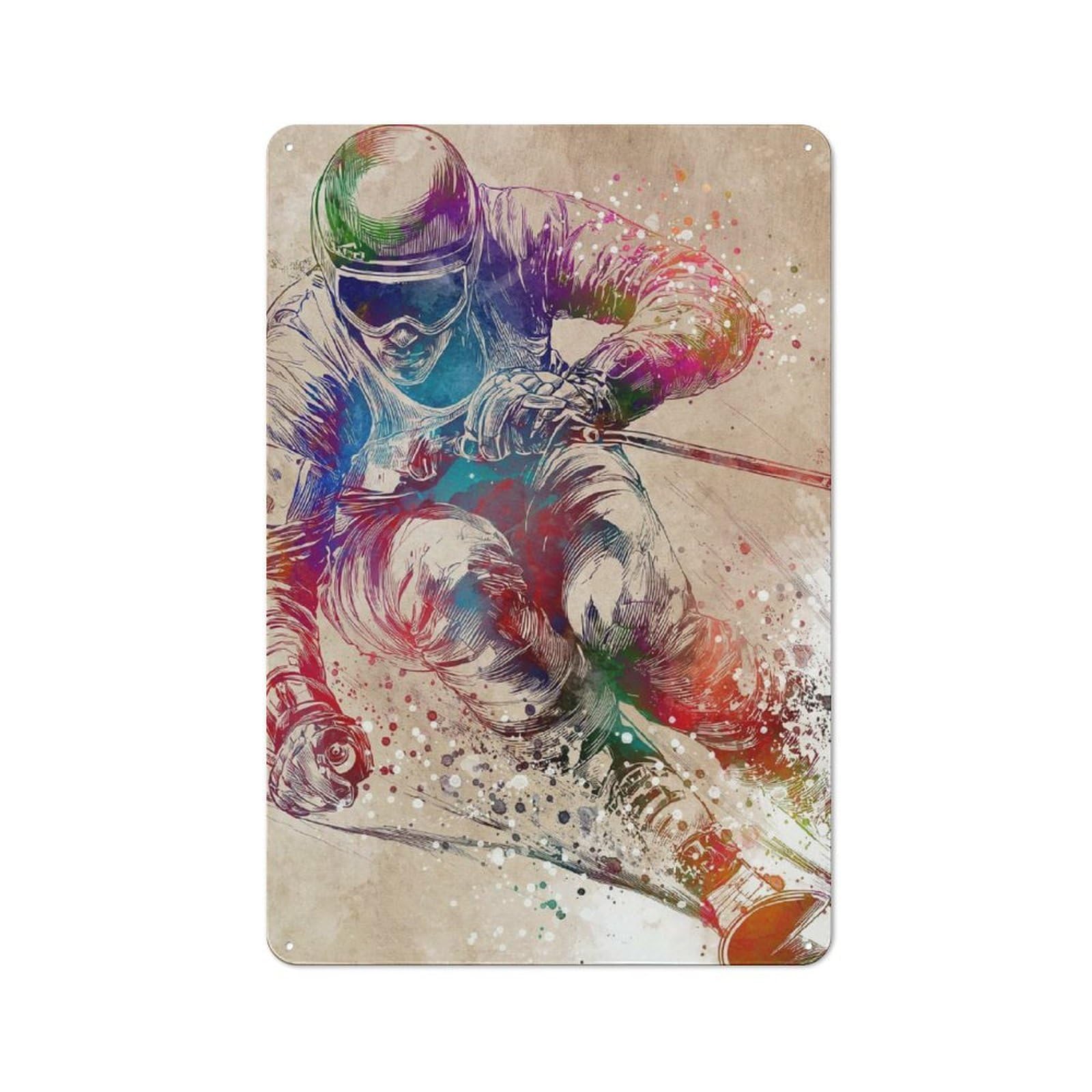 Junmoney Style-23 Metal Wall Sign 30X20cm Featuring Watercolor Skiing Artwork For Bar Or Restaurant, Gift For Bar Decor Enthusiasts During The Christmas Season