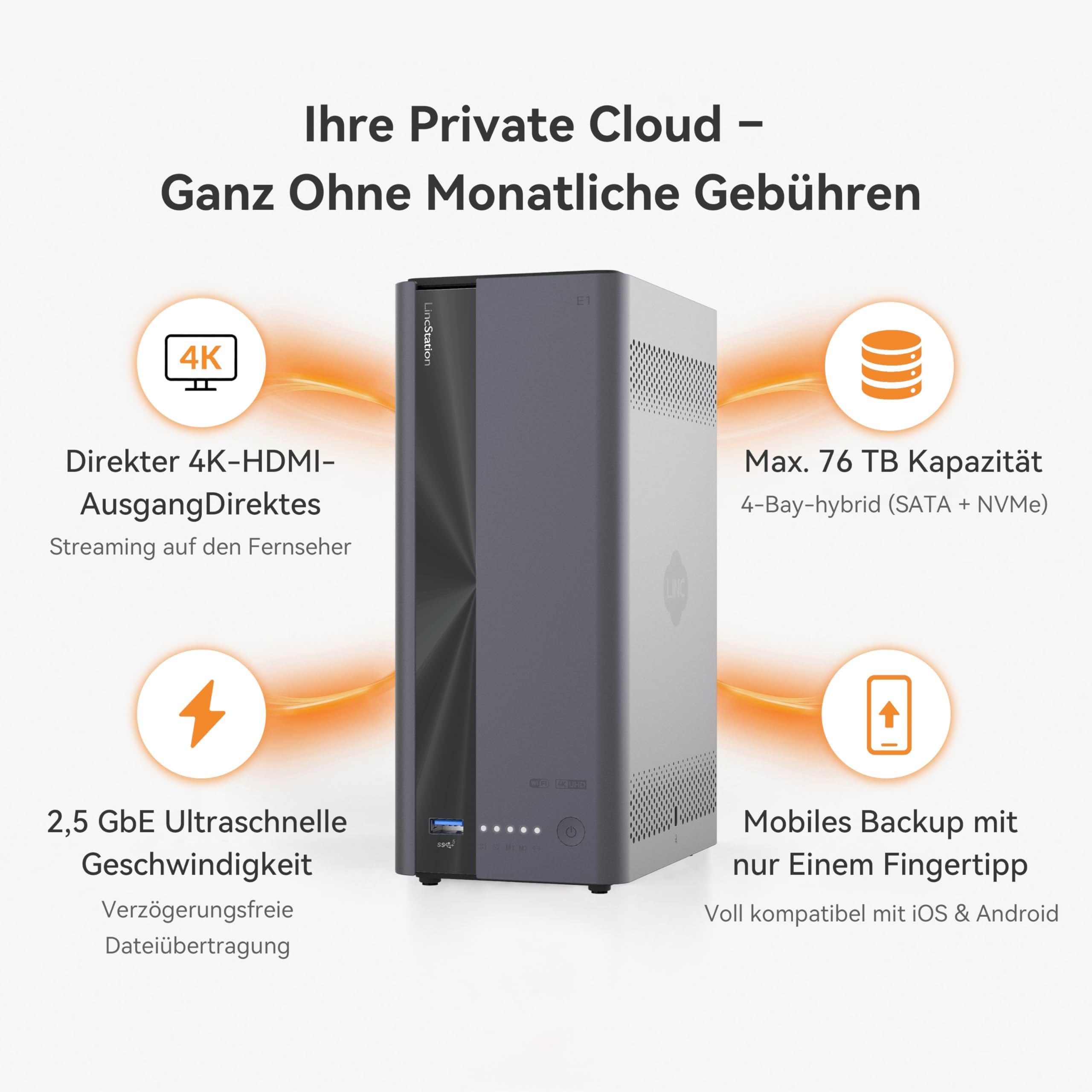 LincStation E1 4-Bay NAS Speicher, 4GB RAM, 64GB eMMC, 2.5GbE Port, Quad-Core, HDMI 2.0 für 4K Mediaserver, Unterstützt NVMe SSD & SATA HDD bis zu 76TB, für iOS/Android/Windows (Ohne Festplatten)