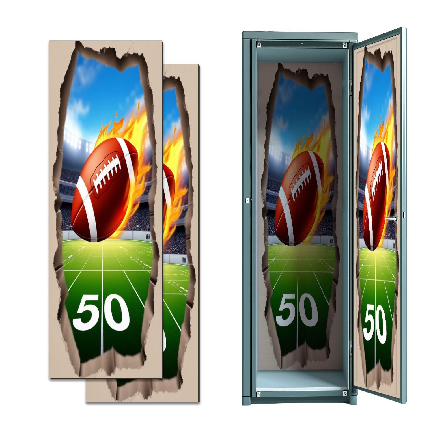 2 Pcs Locker Magnetic Wallpaper 3D Rugby Football Break Wall Sport Boys Flames Stadium 50 12" x 36" Wall Magnetic Sticker Removable Locker Accessories Decor Easy Install for Office School