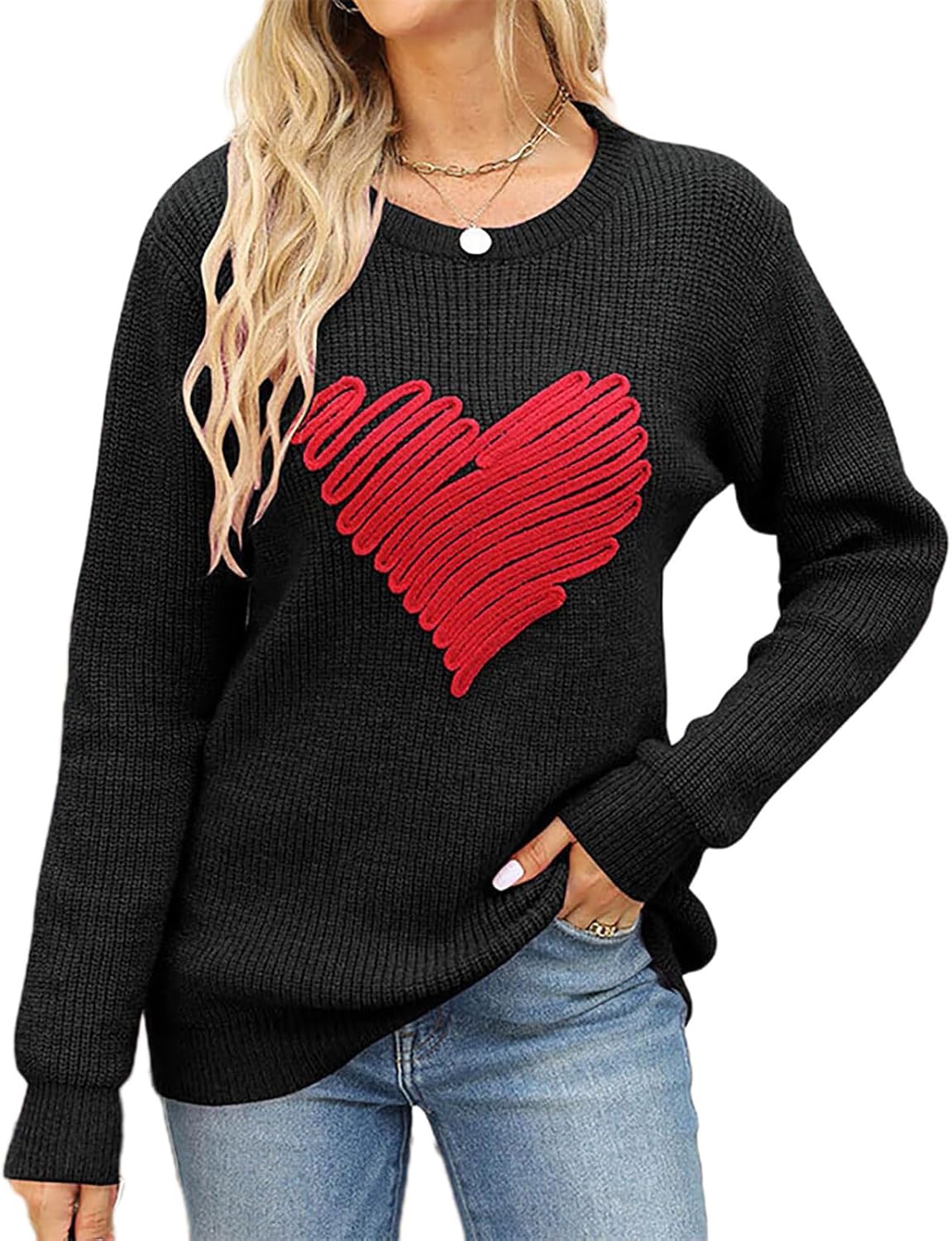 Mommy and Me Outfits Pink Pearled Heart Print Valentine's Day Crew Neck Sweater Spring Tops - Image 2