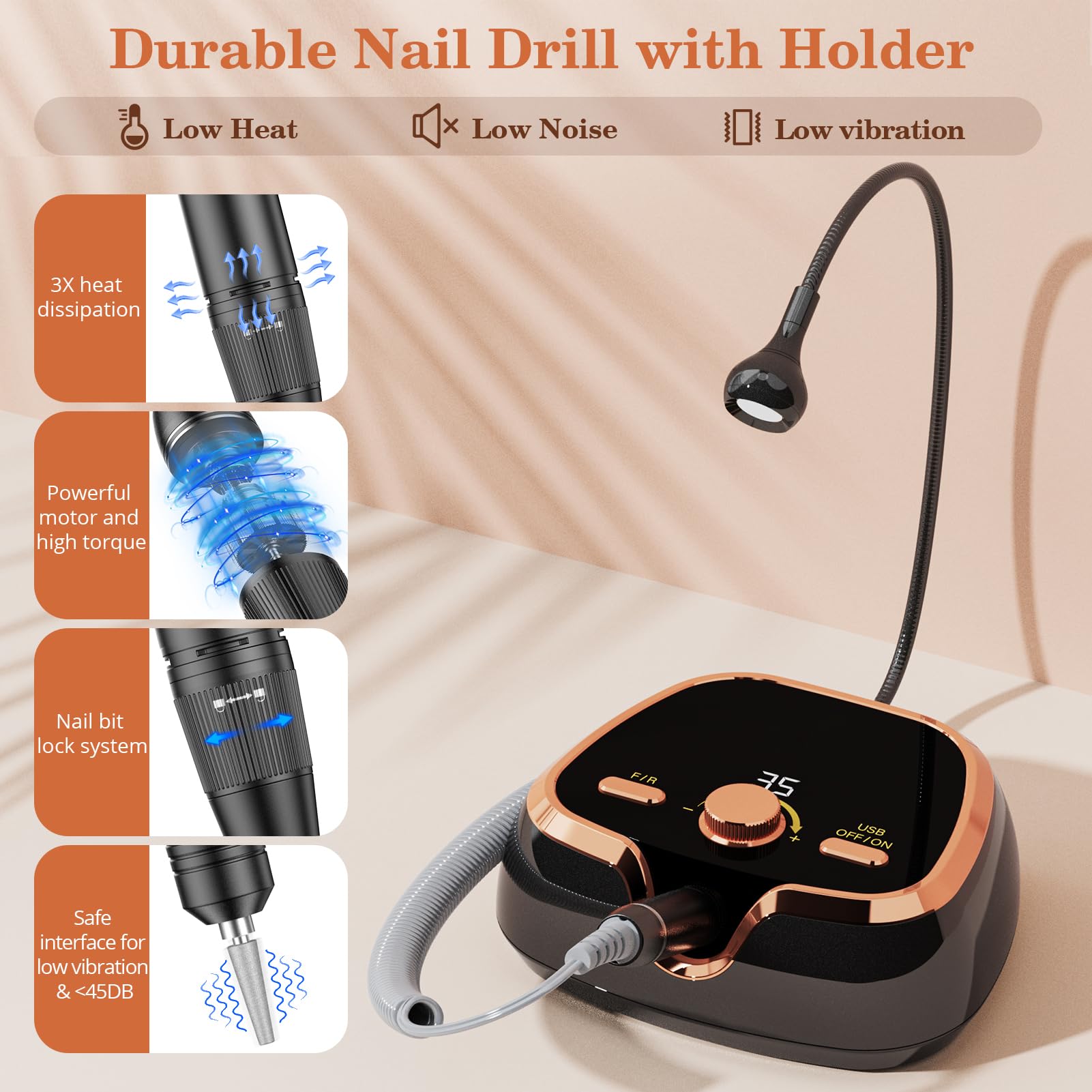 Máquina de perforación de uñas eléctrica, profesional 35000 RPM Electric Nail Drill File with Speed Display Manicure Pedicure Kit para uñas acrílicas, uñas de gel, polaco, buffing y para uso doméstico