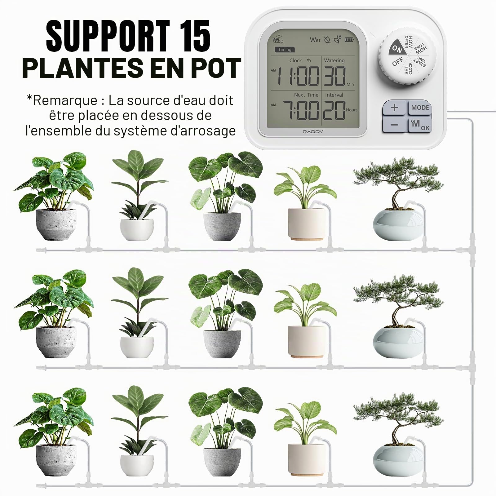 Raddy WS-74 Système d’Irrigation Goutte-à-Goutte Solaire WiFi, Arrosage Intelligent Automatique avec Capteur d’Humidité du Sol, Élévation 5 m pour Jardins Verticaux, Kit Vacances pour 15 Pots