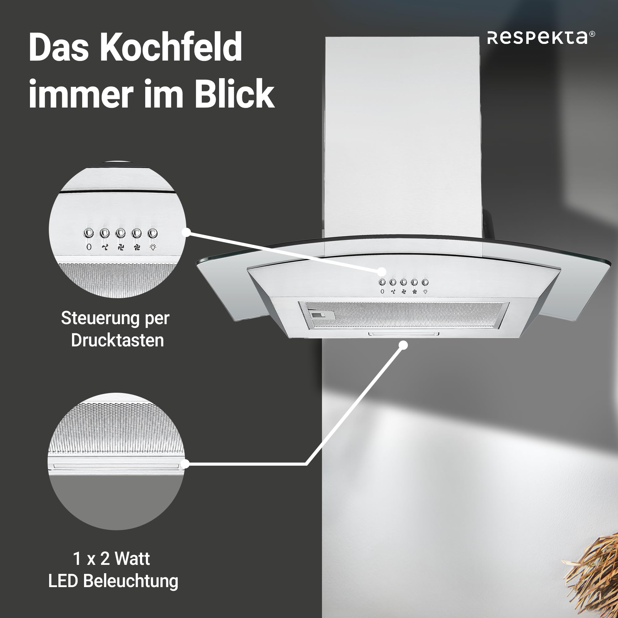 Respekta Dunstabzugshaube/Wandhaube 60 cm/Edelstahlgehäuse mit Glasschirm/Abluft - und Umluftfunktion / CH0160IXB / B / 58 – 62 dB