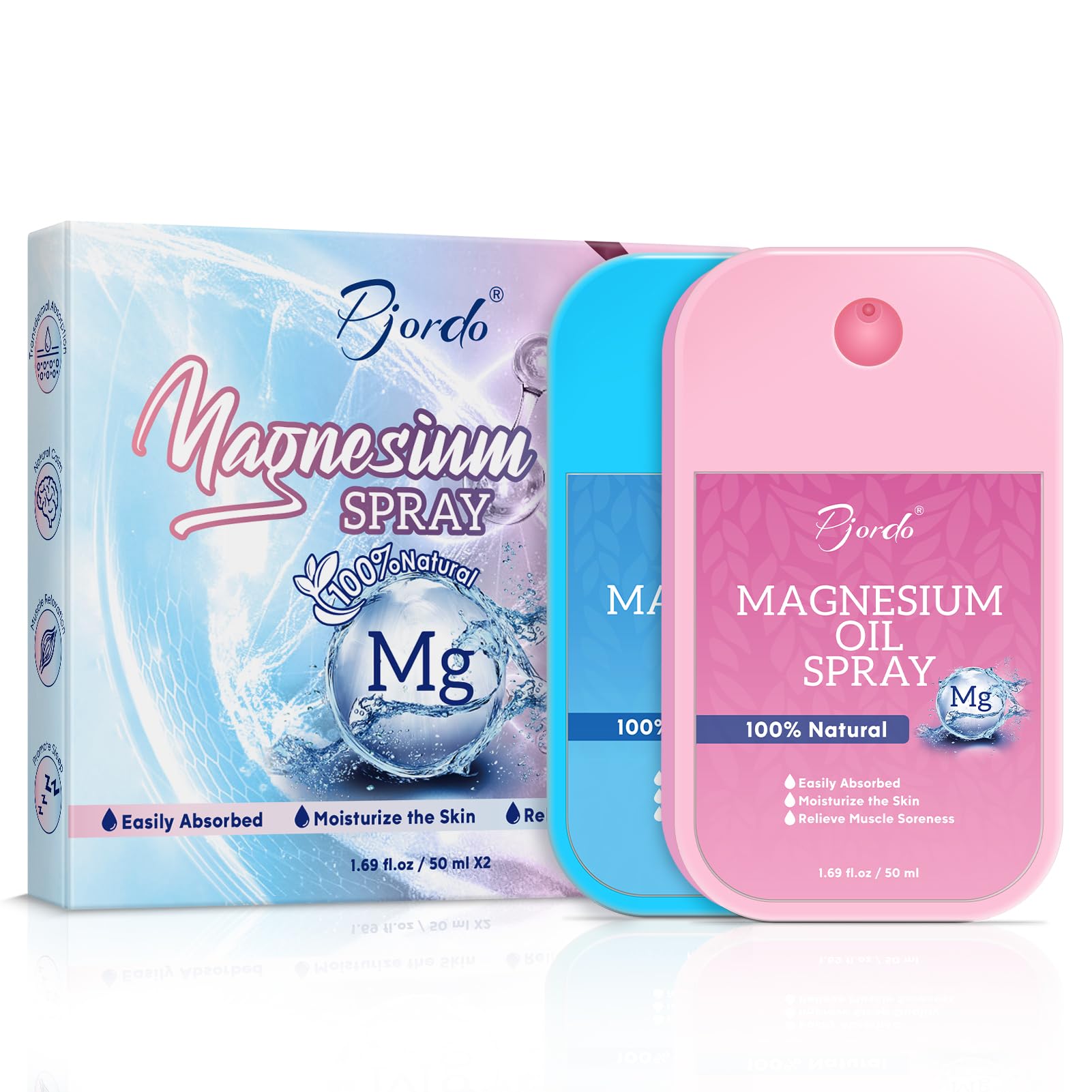 Pjordo 2 Pack Magnesium Oil Spray, 100% Natural for Moisturizing & Soothing Skin, Topical Magnesium Oil for Feet & Body, Non-Greasy & Fast Absorbing, Portable Bottle for Everywhere
