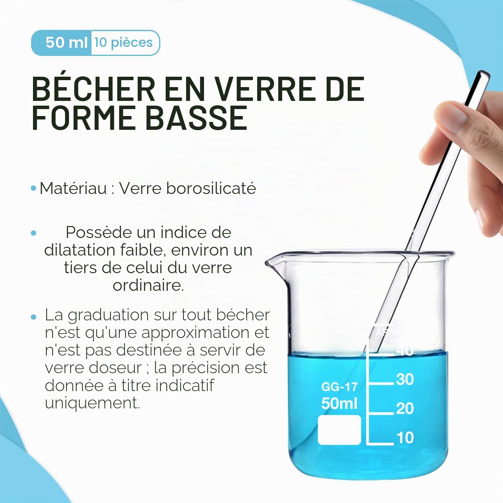 10 Pcs Bécher de Mesure en Verre, Borosilicate 50Ml Bécher de Laboratoire Transparents Volumétriques Verrerie de Laboratoire pour Fournitures de Cuisine de L'École