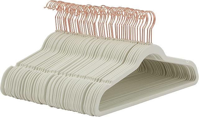 Amazon Basics Slim Velvet Non-Slip Suit Hangers, Ivory/Gold - Pack of 50