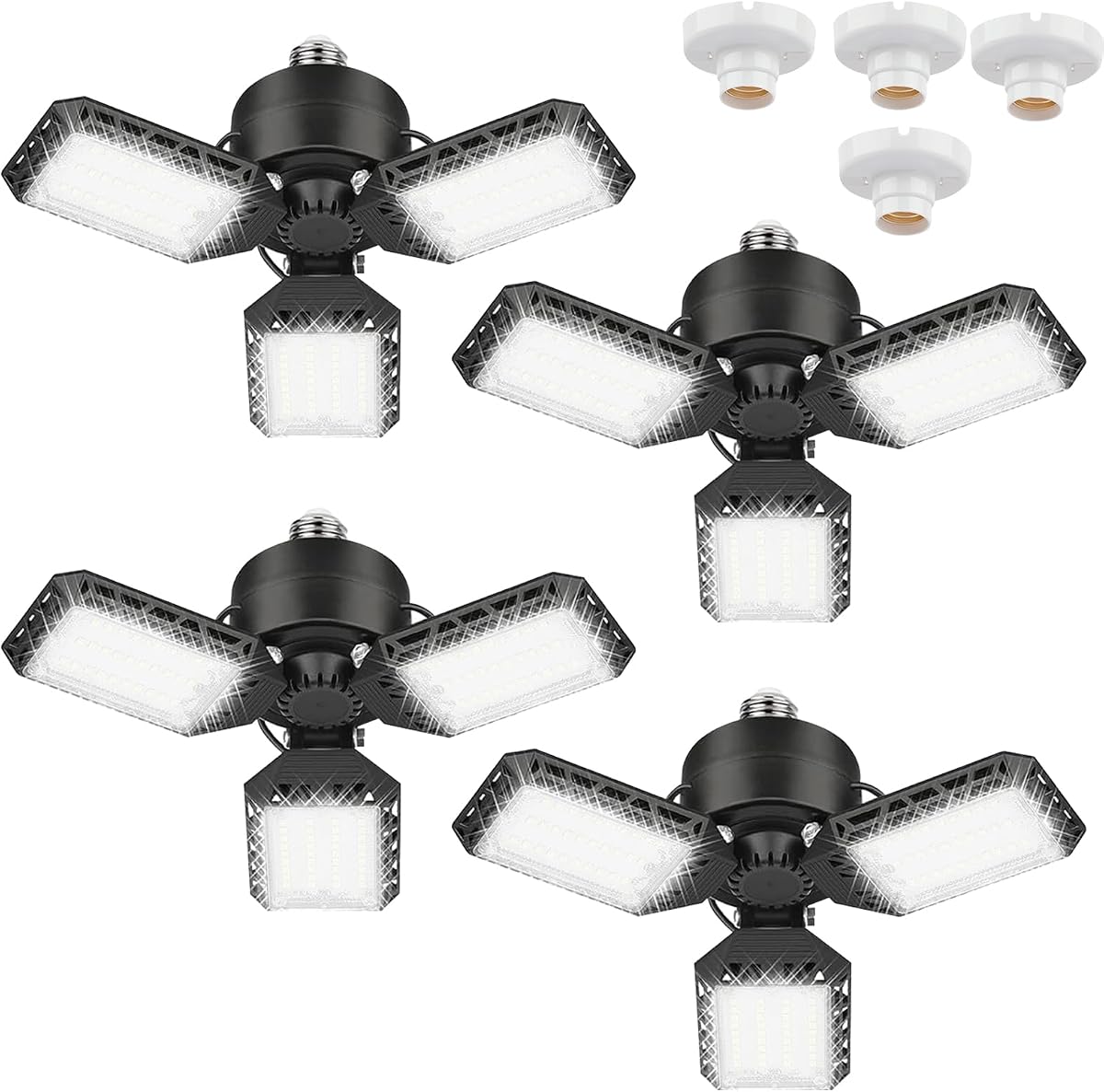 Paquete de 4 luces LED para garaje, luz de techo deformable para garaje de 60 W | Luces de sótano E26 de 8000 lm con 3 paneles LED ajustables, aptas para almacén, taller, granero y patio