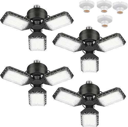 4 paquetes de luces LED para garaje, 60 W, luz de techo de garaje deformable, 8000 lm, E26, luces de sótano con 3 paneles LED ajustables, se adapta