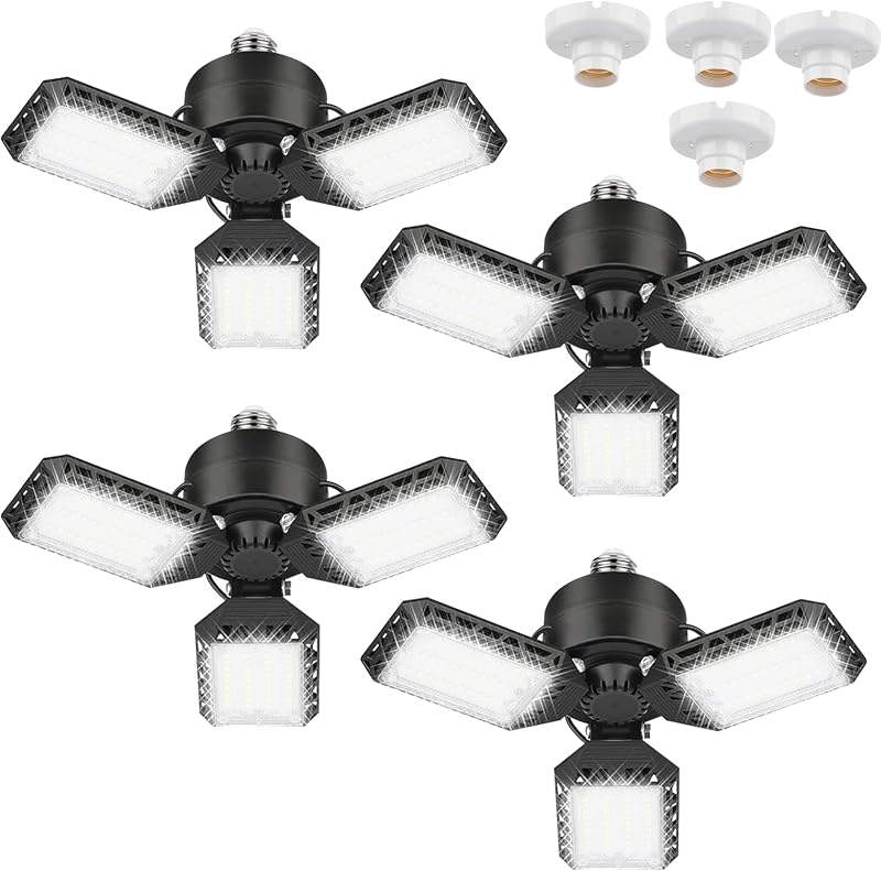 Paquete de 4 luces LED para garaje, luz de techo deformable para garaje de 60 W | Luces de sótano E26 de 8000 lm con 3 paneles LED ajustables, aptas para almacén, taller, granero y patio