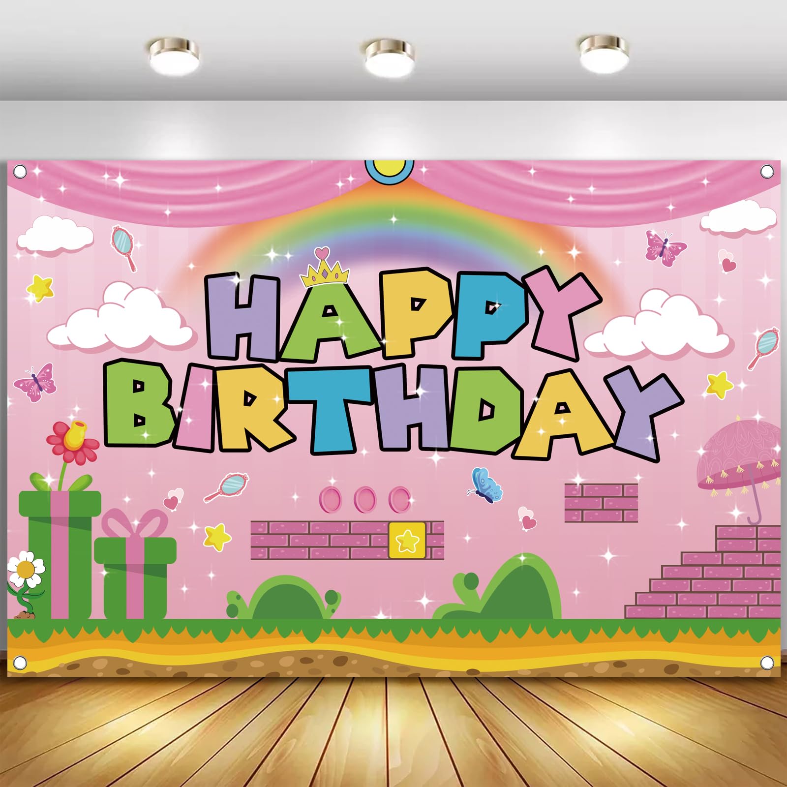 Pink Princess Theme Happy Birthday Photography Backdrop, 5x3ft Video Game Background Photo Booth Banner Props for Kids Girls Boys Birthday Baby Shower