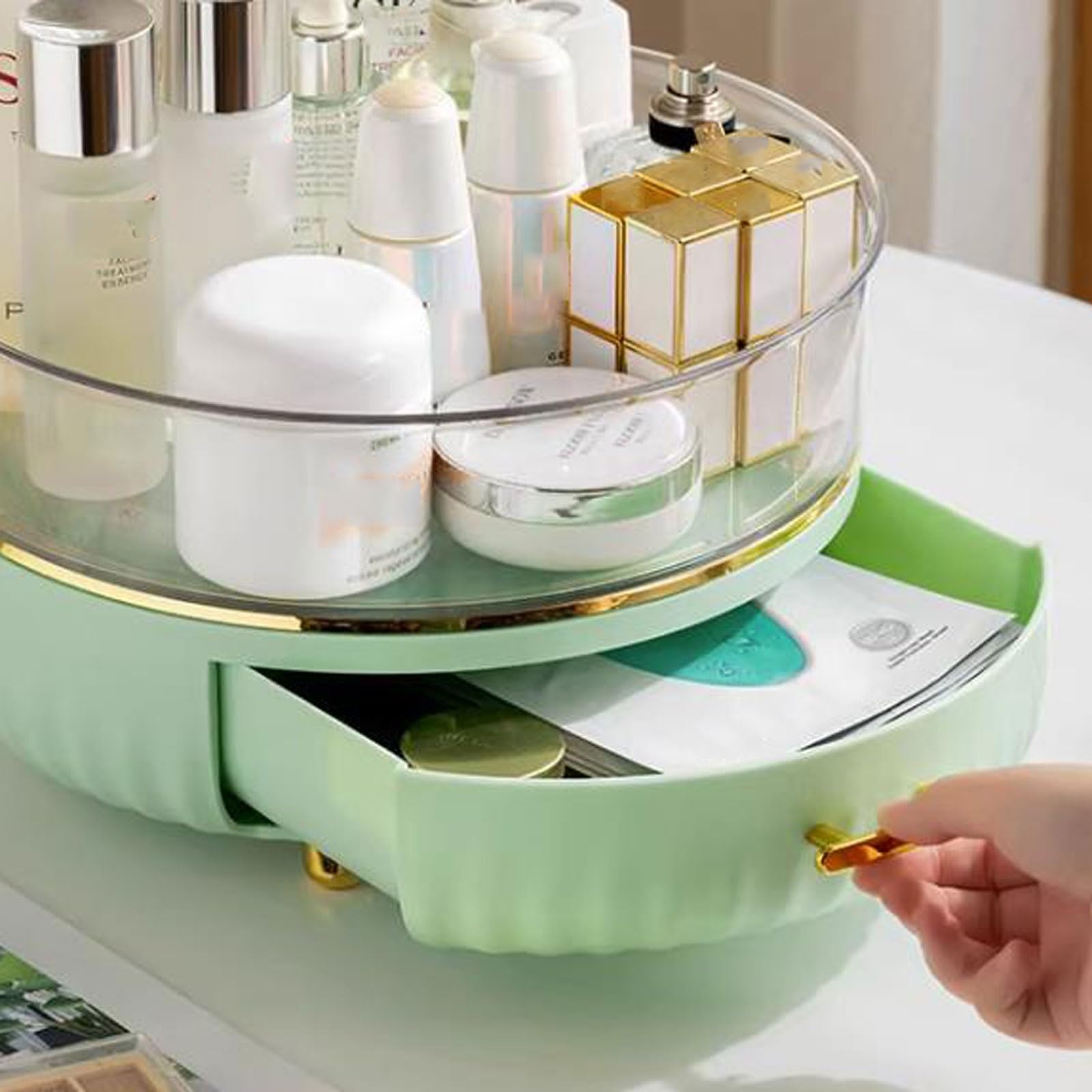 Organizer na kosmetyki Obrotowa taca na przybory do makijażu o 360° Pędzel Uchwyt pielęgnacji skóry z szufladą kosmetyki Perfumy Biżuteria, toaletki Sypialnia Łazienka(Green)