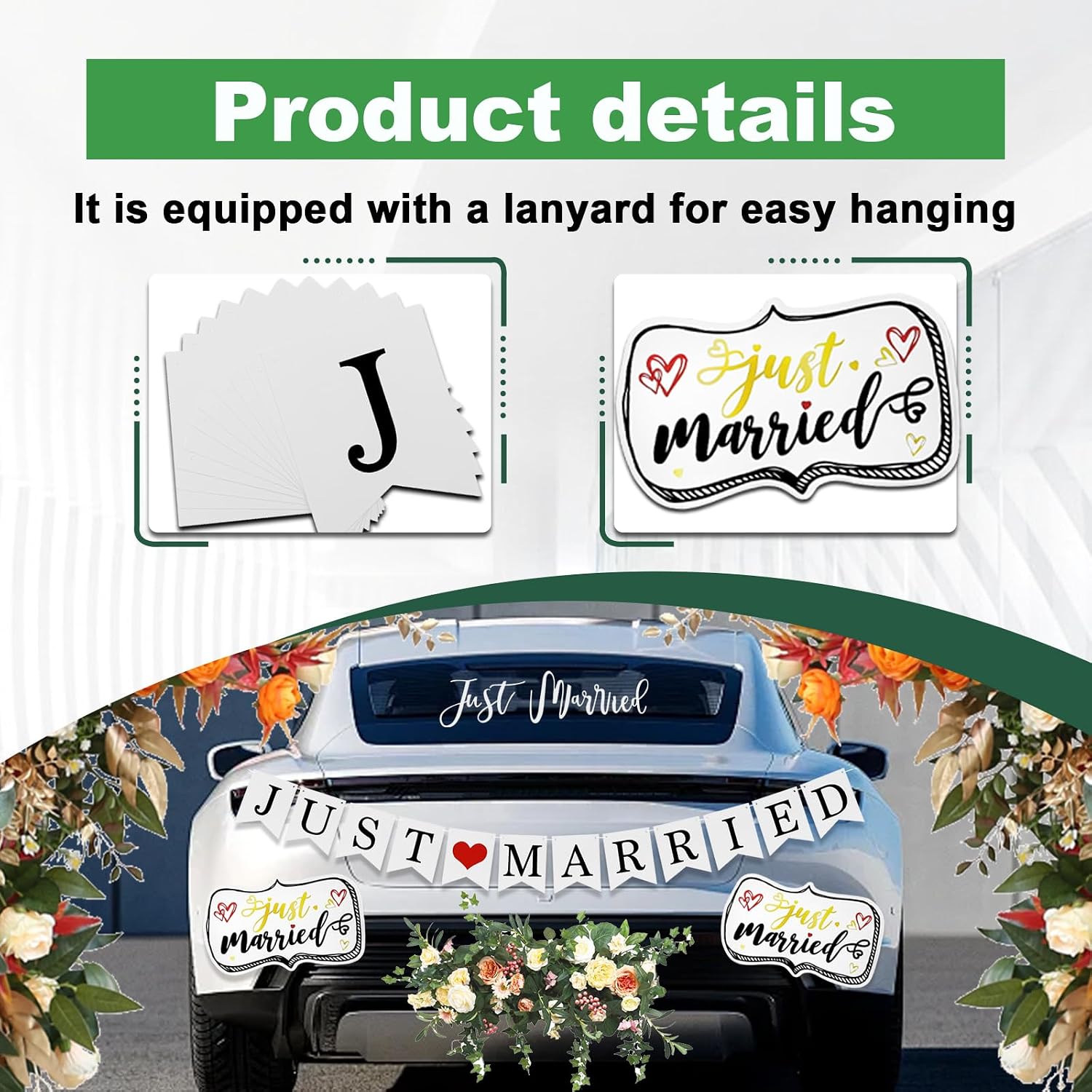 4Pcs Just Married Wedding Car Decorations Car Decor Kit with Large Ornate Magnets 12x7, Window Decals 22.4x5, and Sign Banner for Wedding Day and Honeymoon Vehicle Decorations