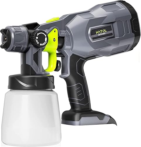 MYTOL Pulverizador de pintura inalámbrico, 2 baterías de 20 V 2.0 Ah y 1 cargador, el pulverizador eléctrico HVLP de pintura incluye 3 boquillas de