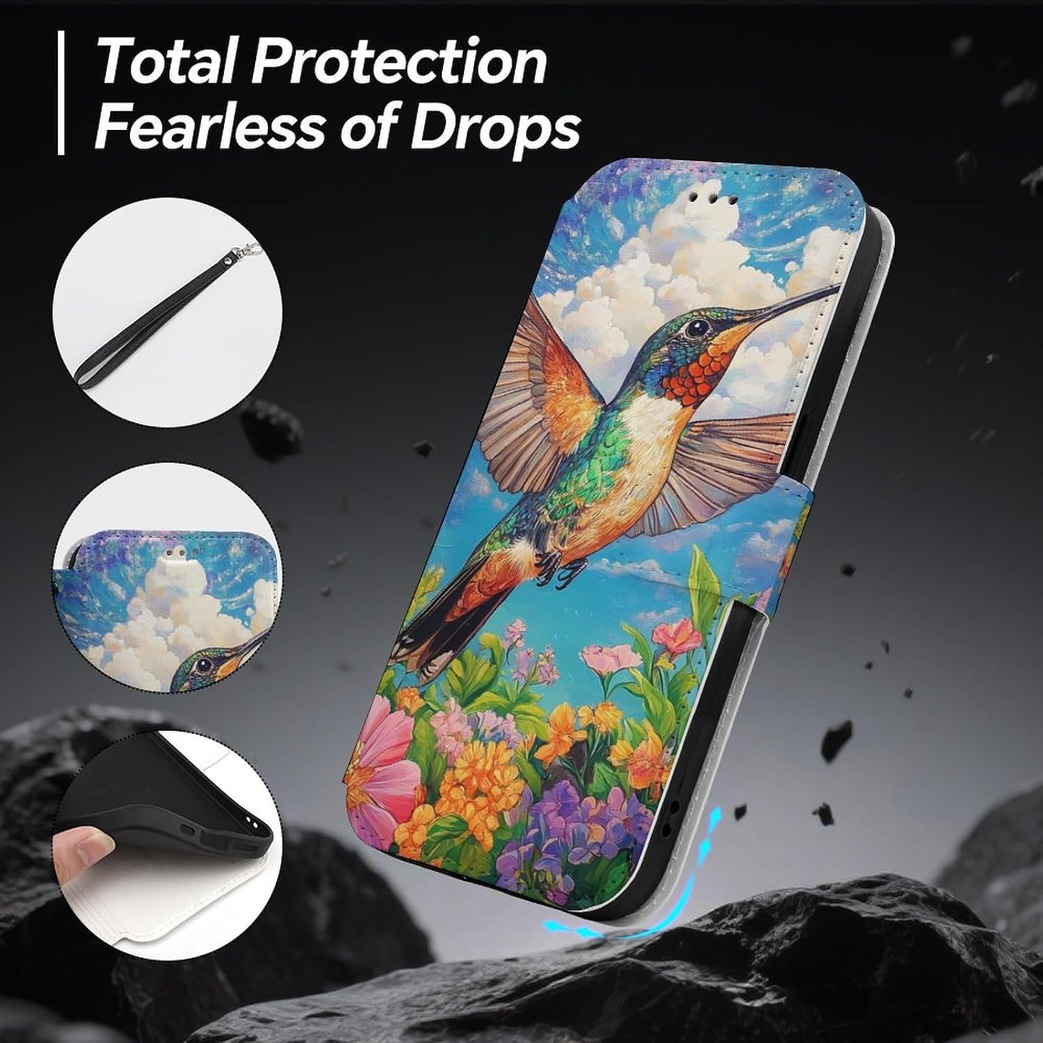 Hummingbirds and Flowers in Spring Compatible with iPhone 16/16 Plus/16 Pro/16 Pro Max/16 E Case Phone Wallet Card Holder Flip Cover with Wrist Strap