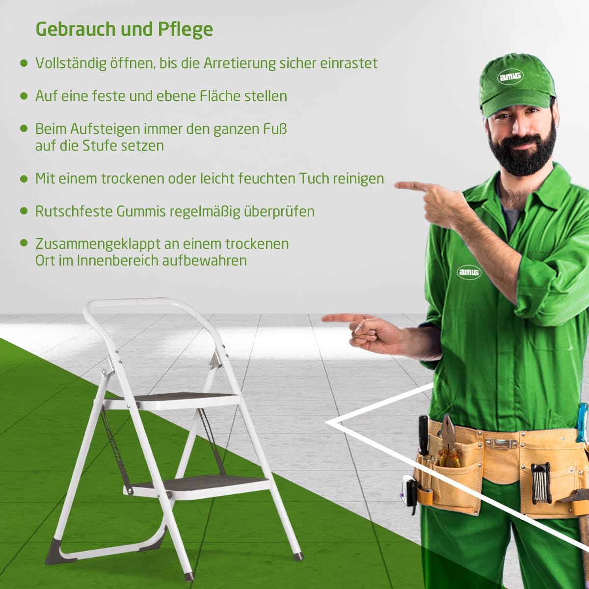 Amig – Klappleiter – Stahlhocker mit 2 rutschfesten Stufen – Maße: 77 x 59 x 48 cm – Maximale Belastung: 150 kg – Weiß Mit schwarzen Protektoren – Für den professionellen und privaten Gebrauch