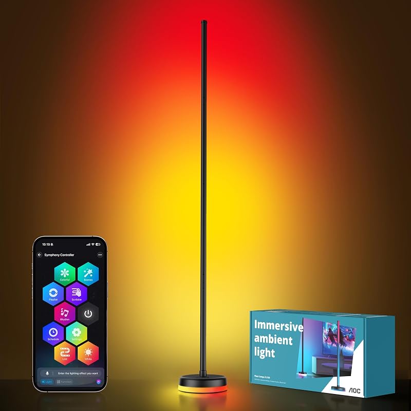 Lámpara de pie de esquina AOC, lámpara de pie LED RGBICWW con base brillante, sincronización de música | Aplicación y control remoto, 160 millones de colores, más de 68 escenas que cambian de color, iluminación ambiental para dormitorio, sala de estar, oficina en casa