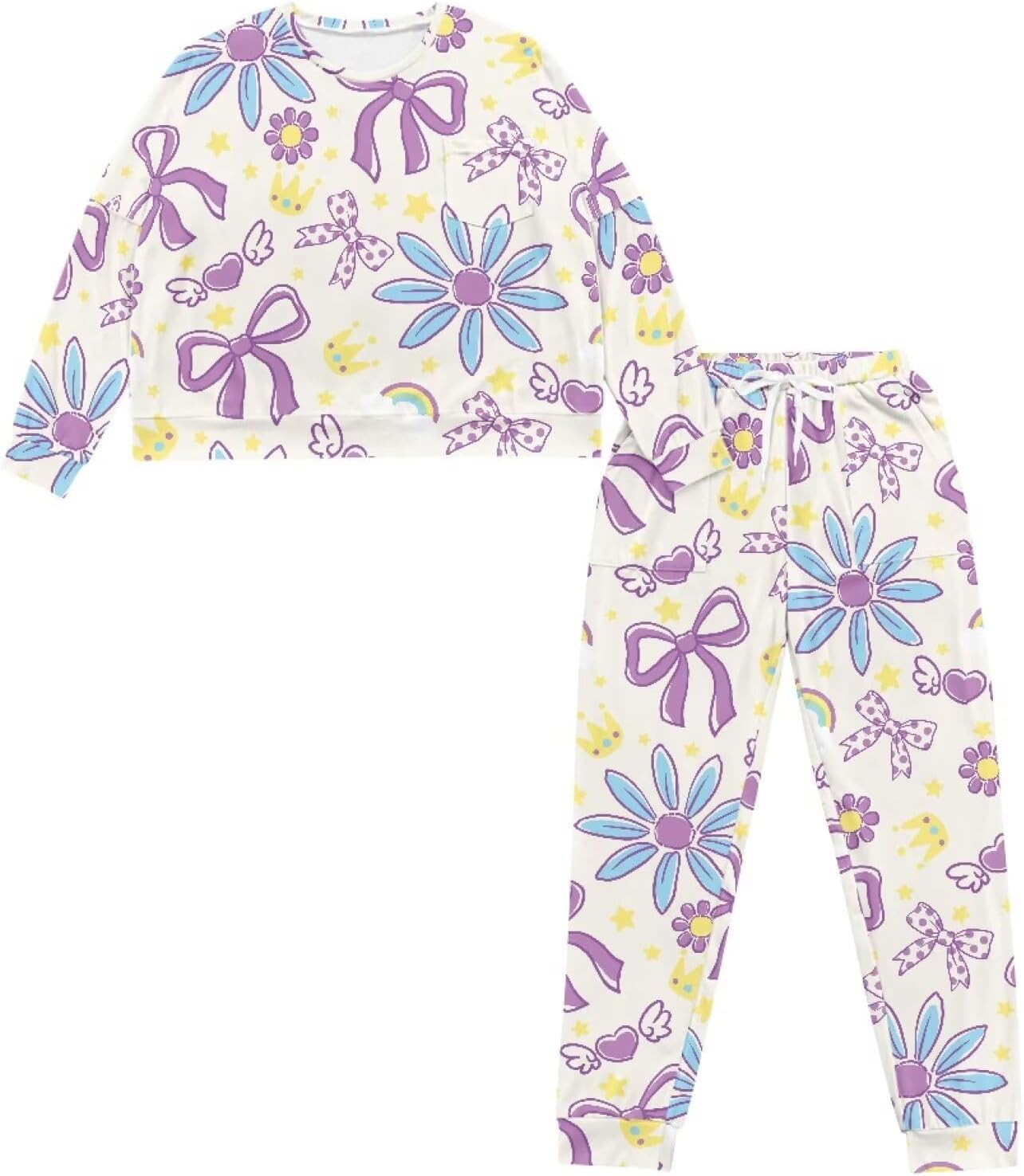 Women's Pajama Set, Long Sleeve Top Long Pants, Loose Sleepwear Loungewear Pjs 2Pcs with Drawstring for Daily Wear