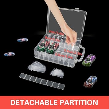 Double Sided Toy Car Organizer 1/64 Display Case Carrying Box Container Carrier with 48 Compartments Transparent Storage Box for Toy Car,Small Items, Craft Supplies