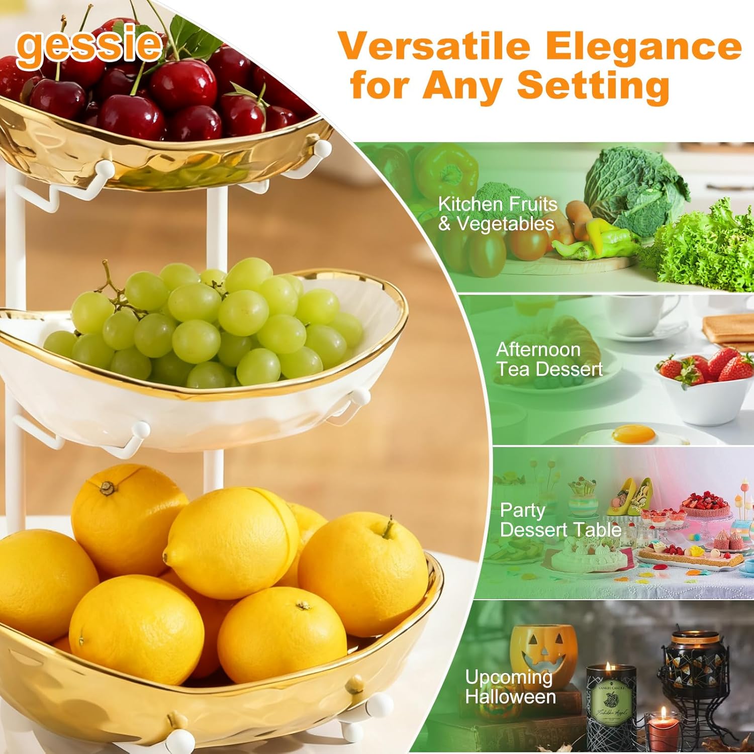 jessie 3 Tier Fruit Bowl for Kitchen Counter,Ceramic Bowl with Metal Stand,3 Tier Fruit Basket for Vegetable Bread Candy Snack Nuts Dessert Cake Tray (Gold Bowl White Rack)