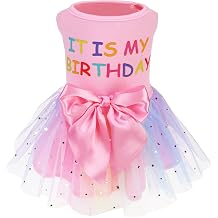 PUPTECK Print Dog Dress Pet Apparel for Birthday with Cute Bowtie Puppy Clothes Outfit, S