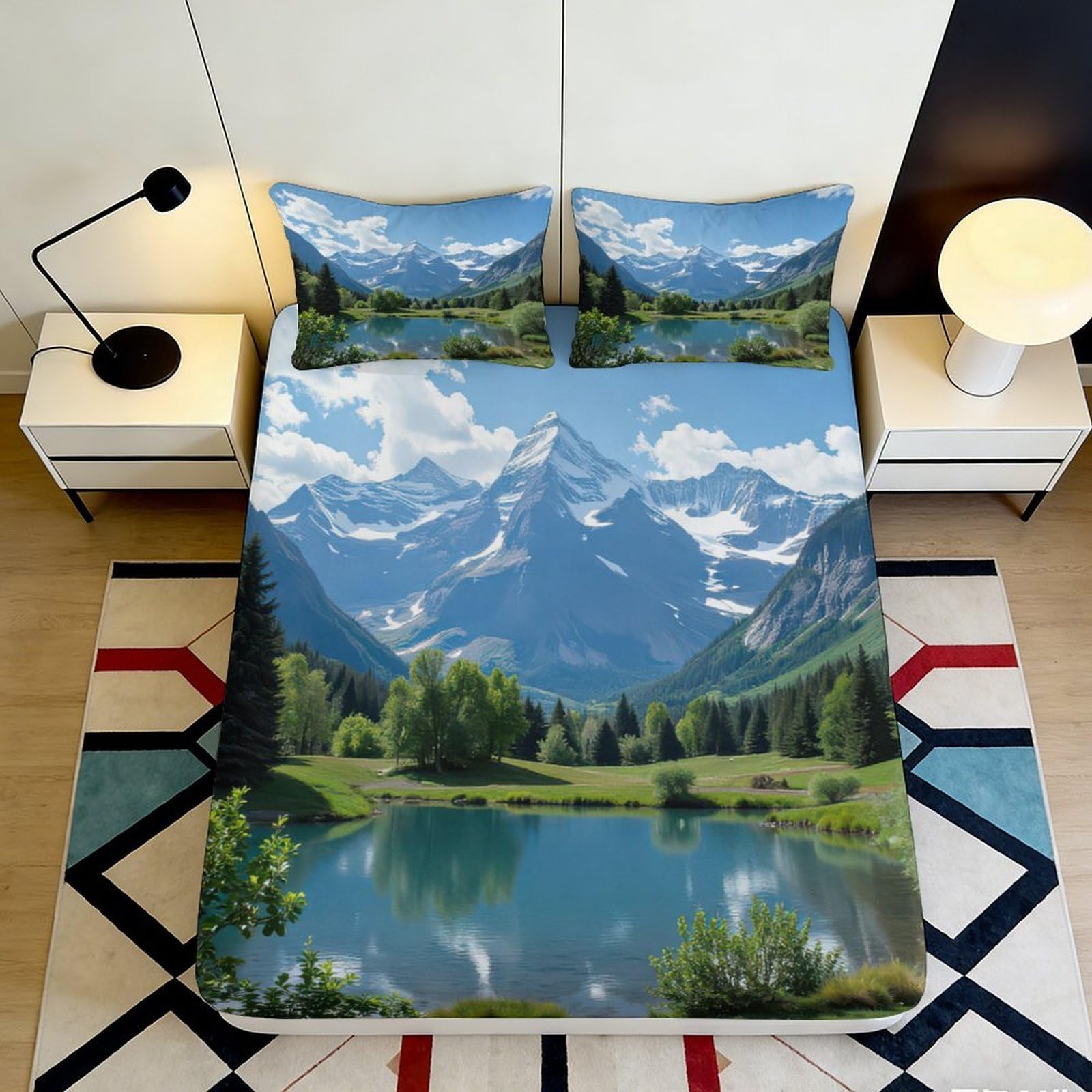 Jqzkxnhpbr Style-6 3D Printed Lake Mountain Fitted Sheet Microfiber Scenic Forest Bed Cover Anti-Slip Bedroom Decoration Mattress Protector 90X200x25cm