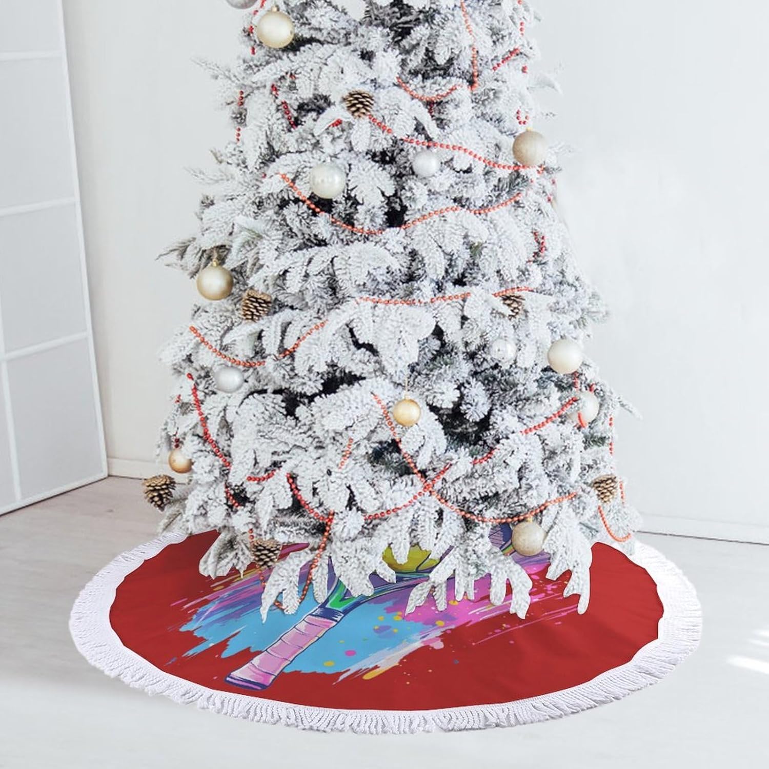 Tie-dye Tennis Christmas Tree Skirt Round Xmas Tree Mat Ornaments Tree Skirts with Tassels for Holiday Party