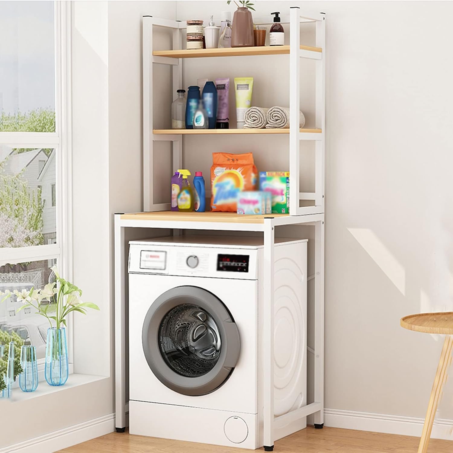 Bathroom Storage,Washer Storage Frames Floor Standing for Over Toilet,Bathroom Shelf,Balcony Shelf,Thickened Steel Pipe Frame Shelf,3-Layer Washinghine Shelf/White