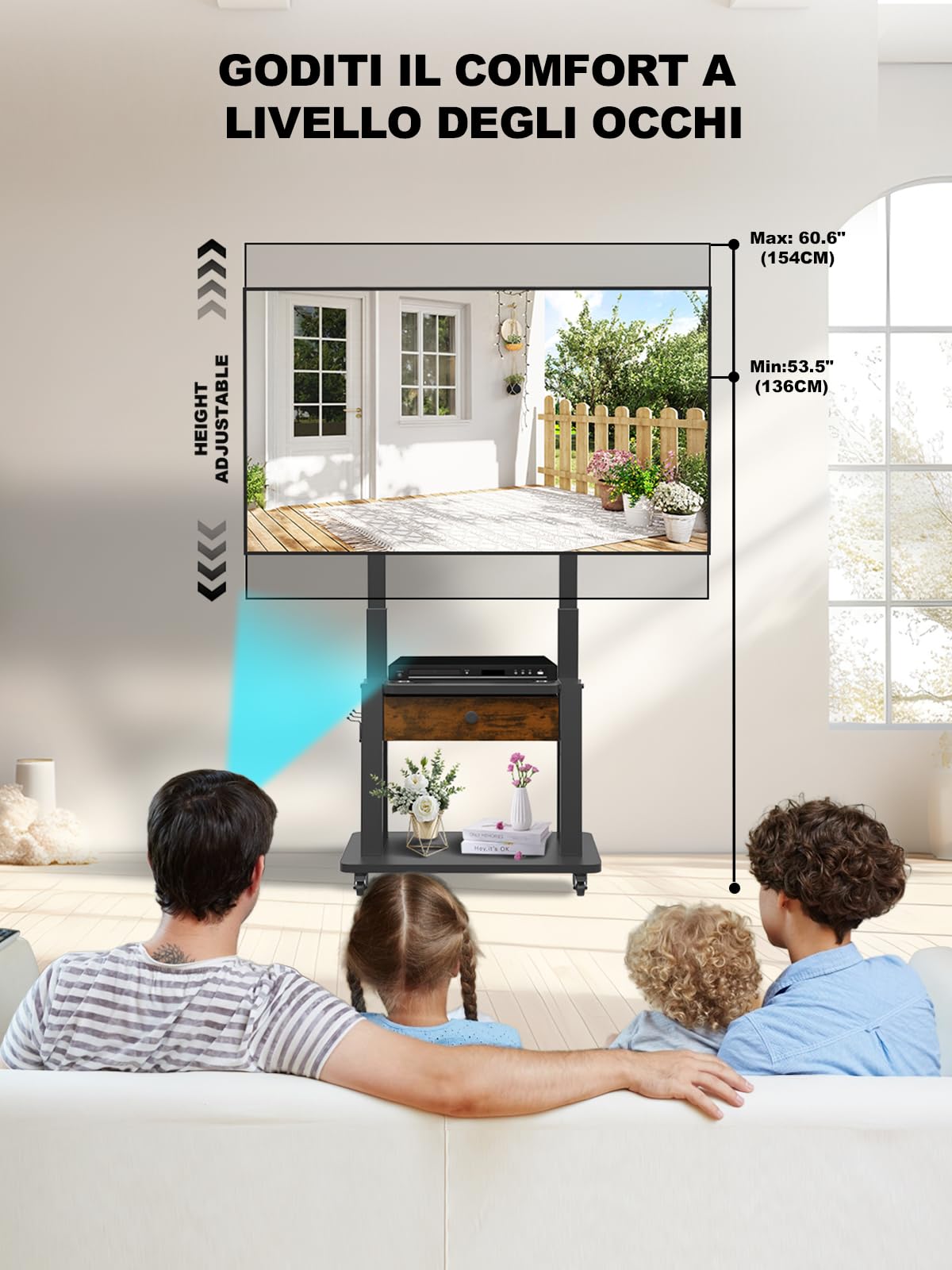 Supporto TV con cassetto in tessuto, per schermo piatto/curvo da 32"-75", fino a 200 libbre LCD/LED/OLED, carrello per TV mobile con ruote per casa ufficio all'aperto Max VESA 600 x 400 mm