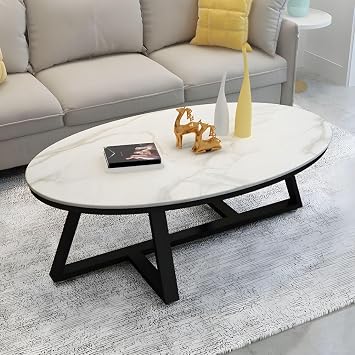 Nordic Faux Marble Oval Coffee Table - Elegant White/Grey, Sturdy Black Base - Modern Design for Living Room, 47" L x 24" W x 18" H - Stylish Home Decor