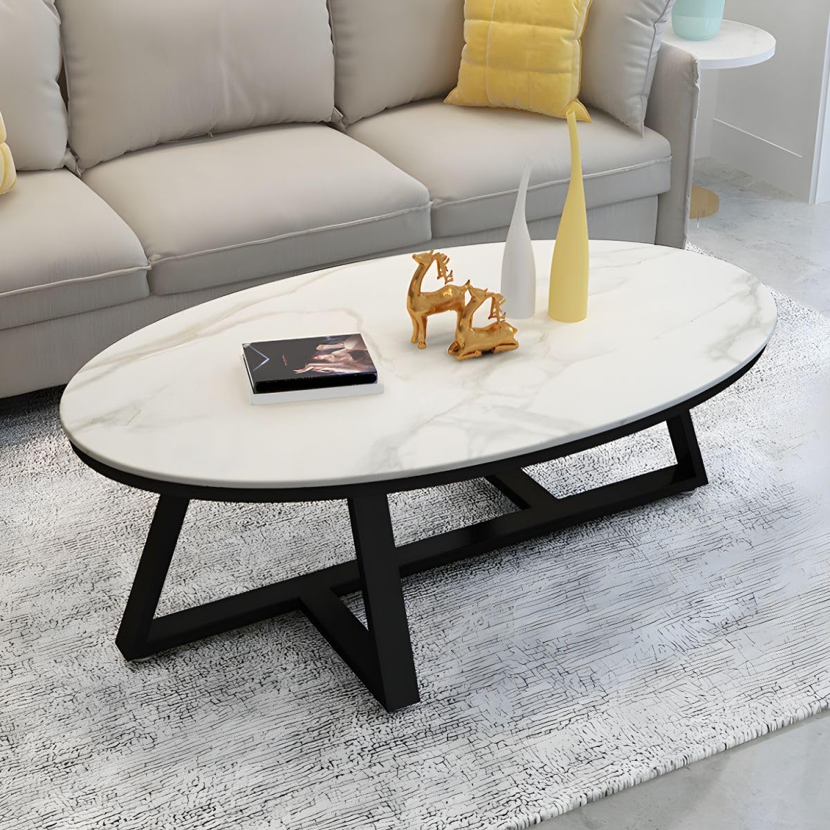 Table Basse Ovale Nordique en marbre – Plateau Blanc/Gris, Base Noire – 100 x 49 x 46 cm