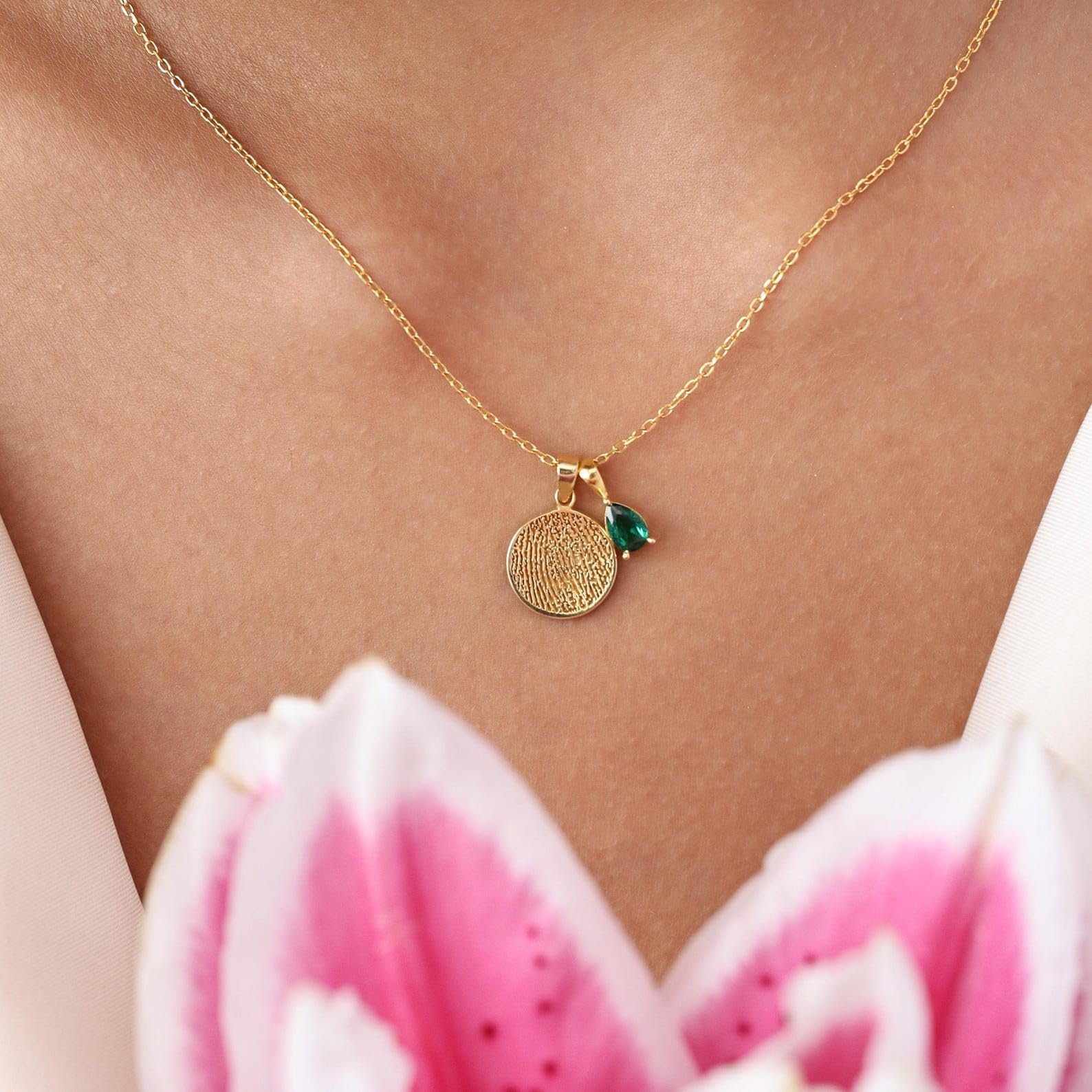 Collar con dije circular y huella dactilar y piedra de nacimiento | Collar circular con huella dactilar real | Día de la Madre - Navidad