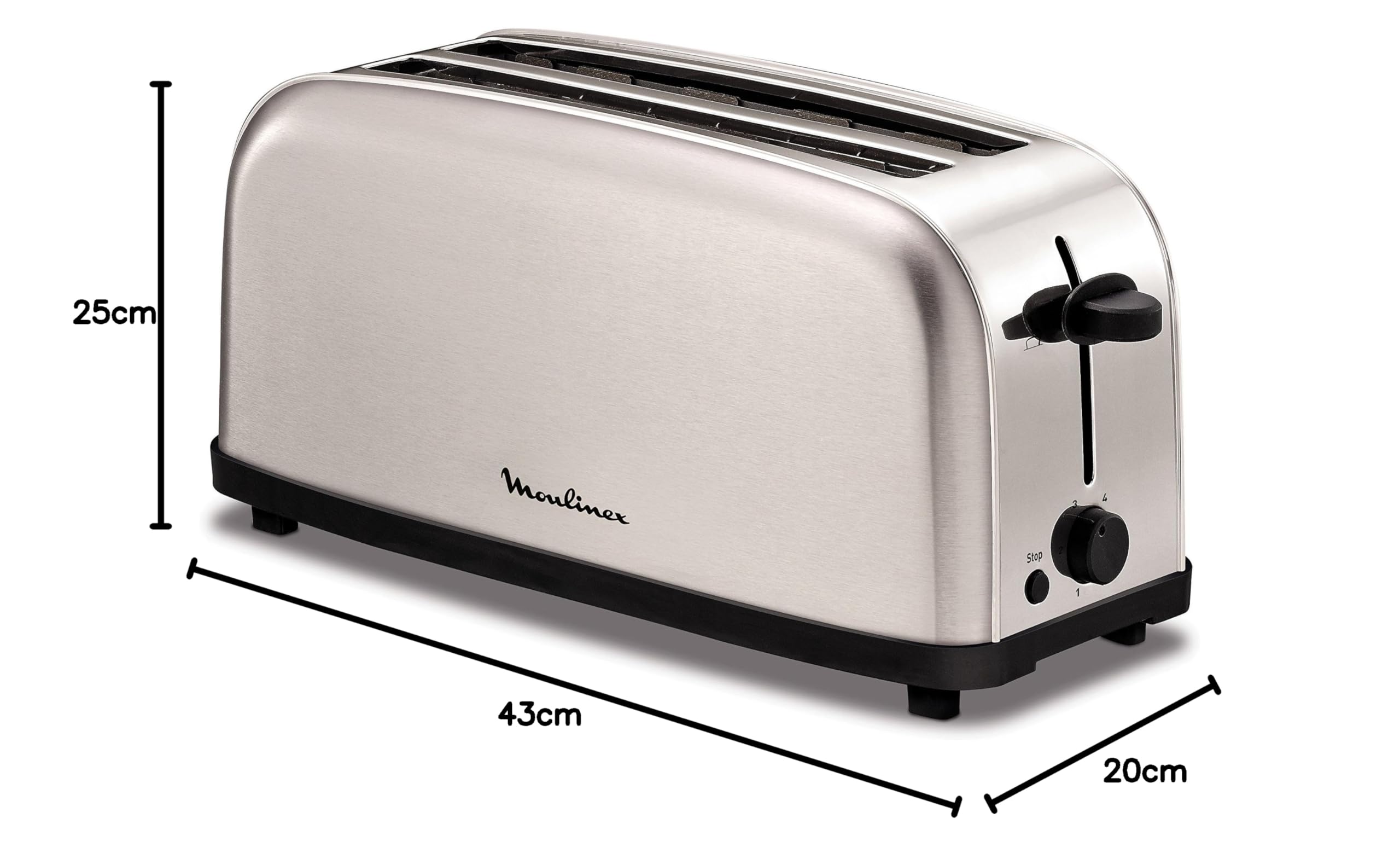 Moulinex Classic, Tostador Acero Inoxidable, 2 Ranuras largas y anchas, 1400 W, 6 Posiciones Tostado, Función Stop, Bandeja Recogemigas, para Todo Tipo de Pan normal, molde, artesano, LS330D