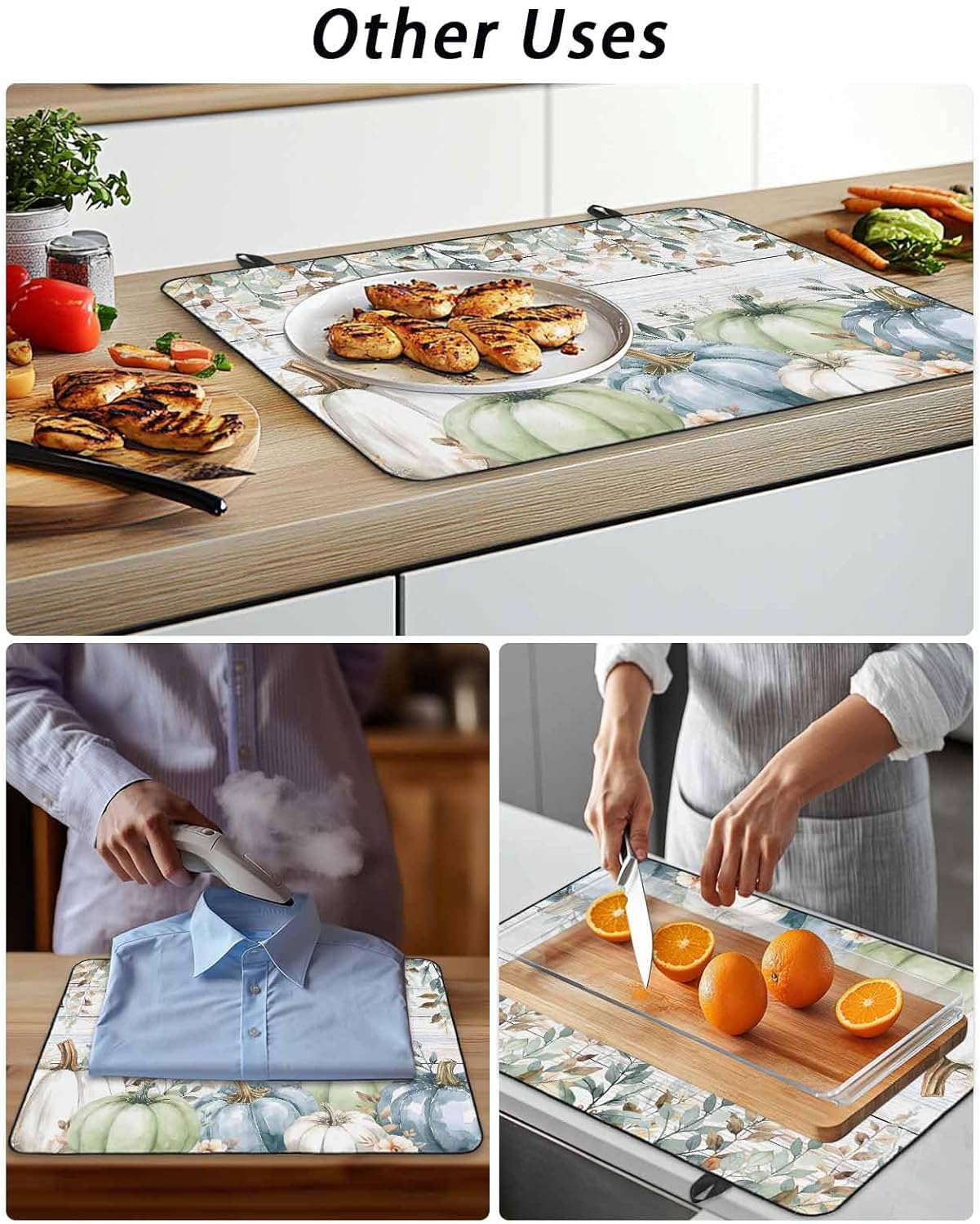 Fall Pumpkin Stove Top Covers for Electric Stove, Green Eucalyptus Leaves Flower Wood Grain Glass Ceramic Stove Cover Foldable Rubber Mat Heat Resistant Cooktop Protector for Kitchen 36''x21''