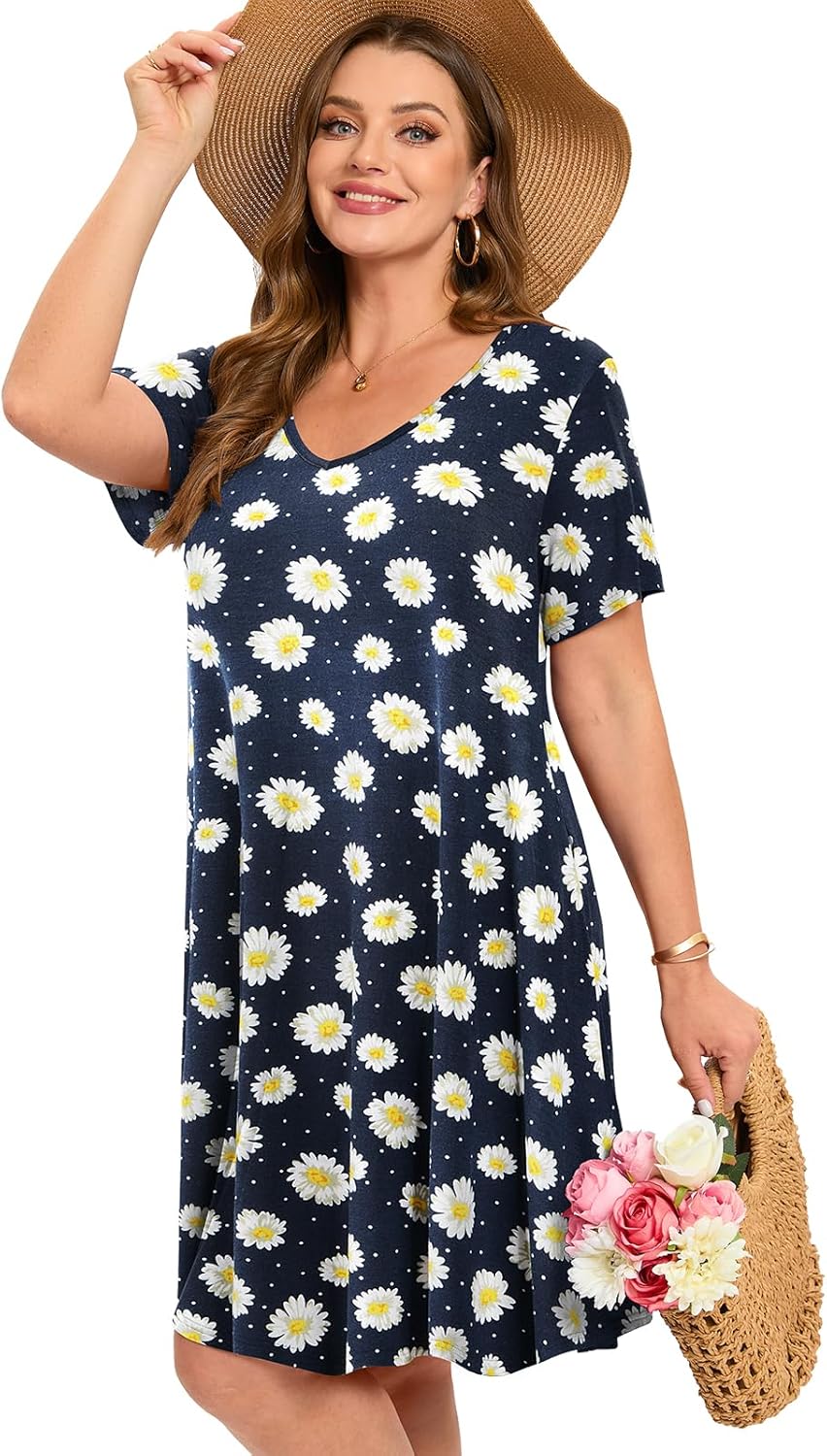 ZENNILO Women's Plus Size Swing Dress with Pockets Casual Summer Dresses V Neck Short Sleeve T Shirt Dress for Women - Image 4