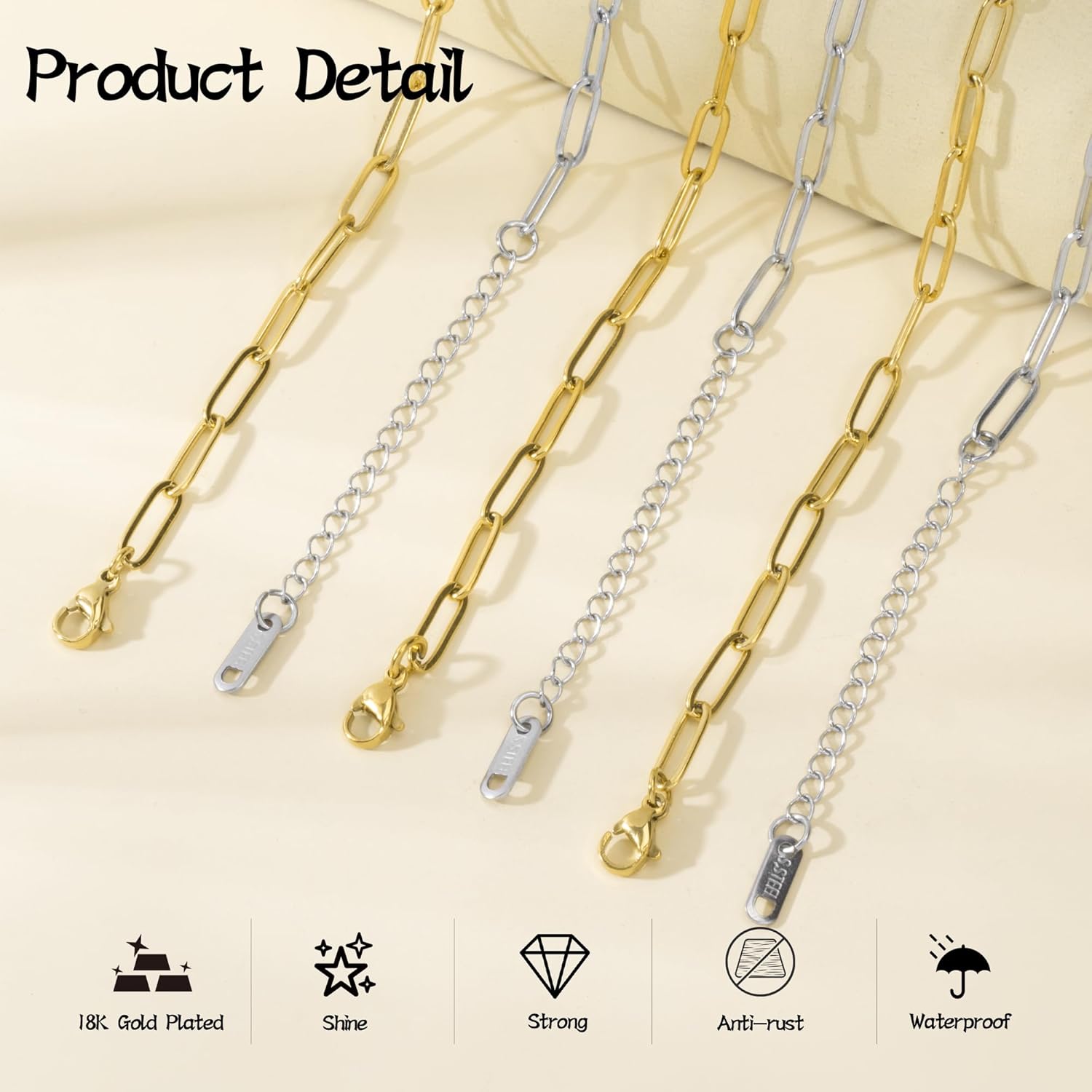Wurosi 30PCS 18K Gold Plated Charm Bracelet Chains 6.3Inch Stainless Steel Bracelets Chain Bulk Link Bracelet with Lobster Clasps for Women DIY Bracelets Crafts Supplies(Gold+Silver)