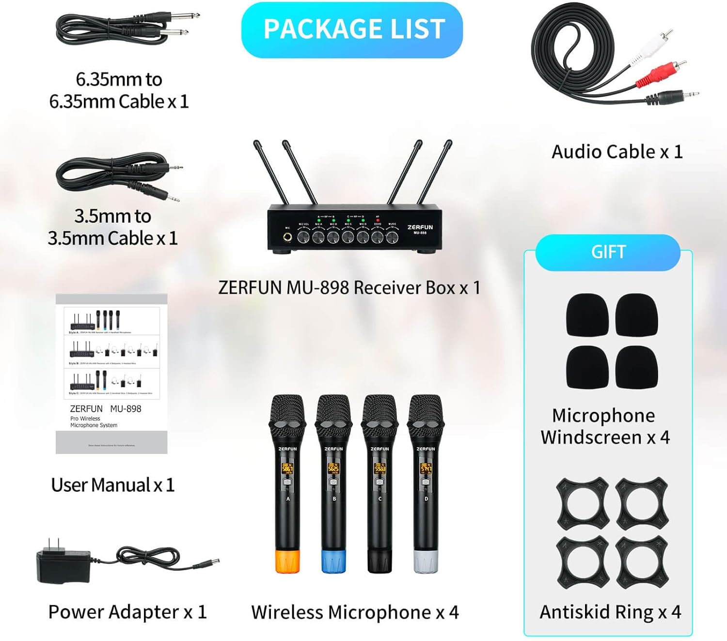 Pro Wireless Microphone System 4 Channel, UHF Metal Cordless Handheld Mics with Echo Bluetooth for Church Karaoke Singing, 4x50 Adjustable Frequency(MU-898 Battery 4 Handheld) - Image 6