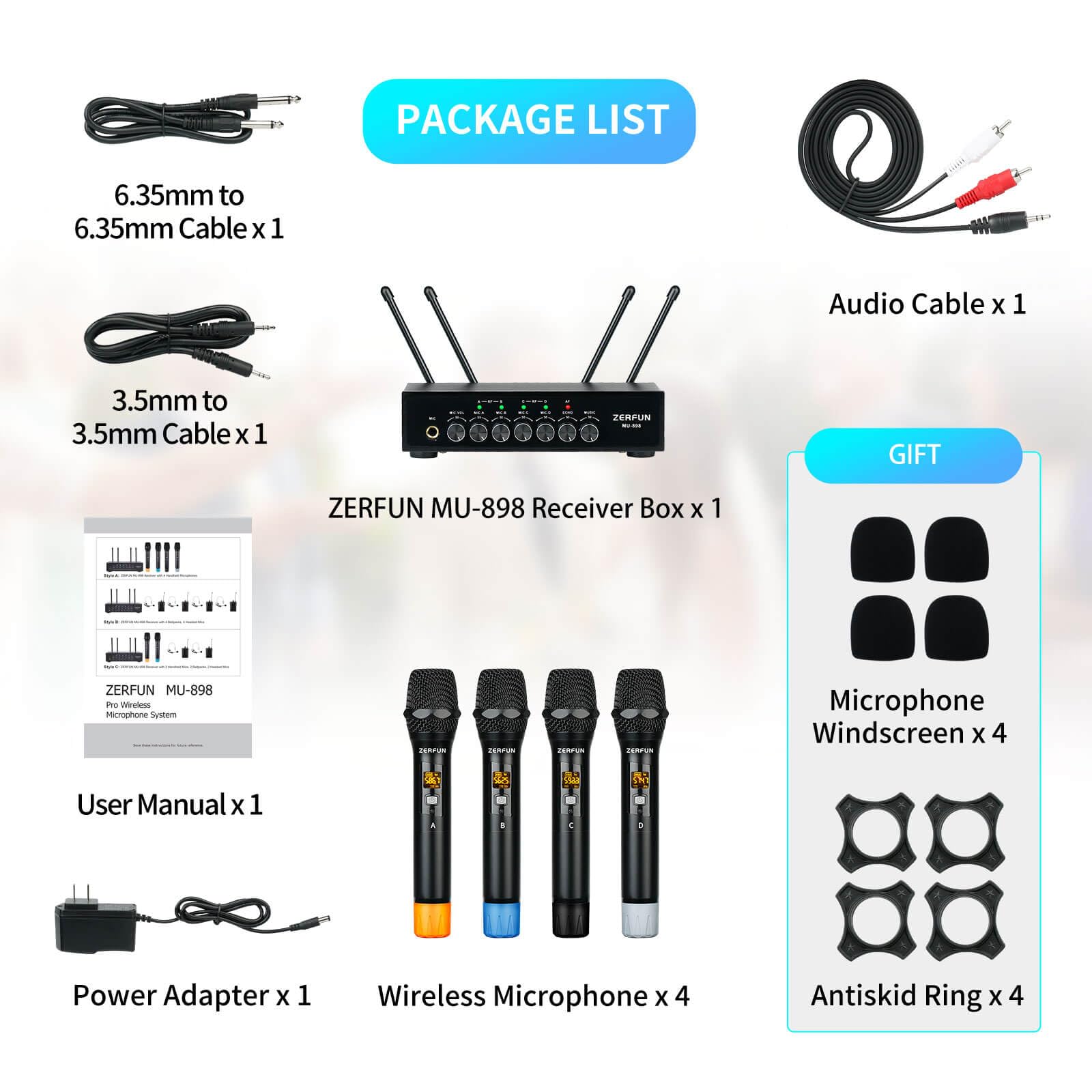 Bezprzewodowy system mikrofonowy UHF, 4-kanałowy metalowy ręczny mikrofon bezprzewodowy, profesjonalne mikrofony bezprzewodowe z regulacją głośności Echo Bluetooth do śpiewania karaoke Church