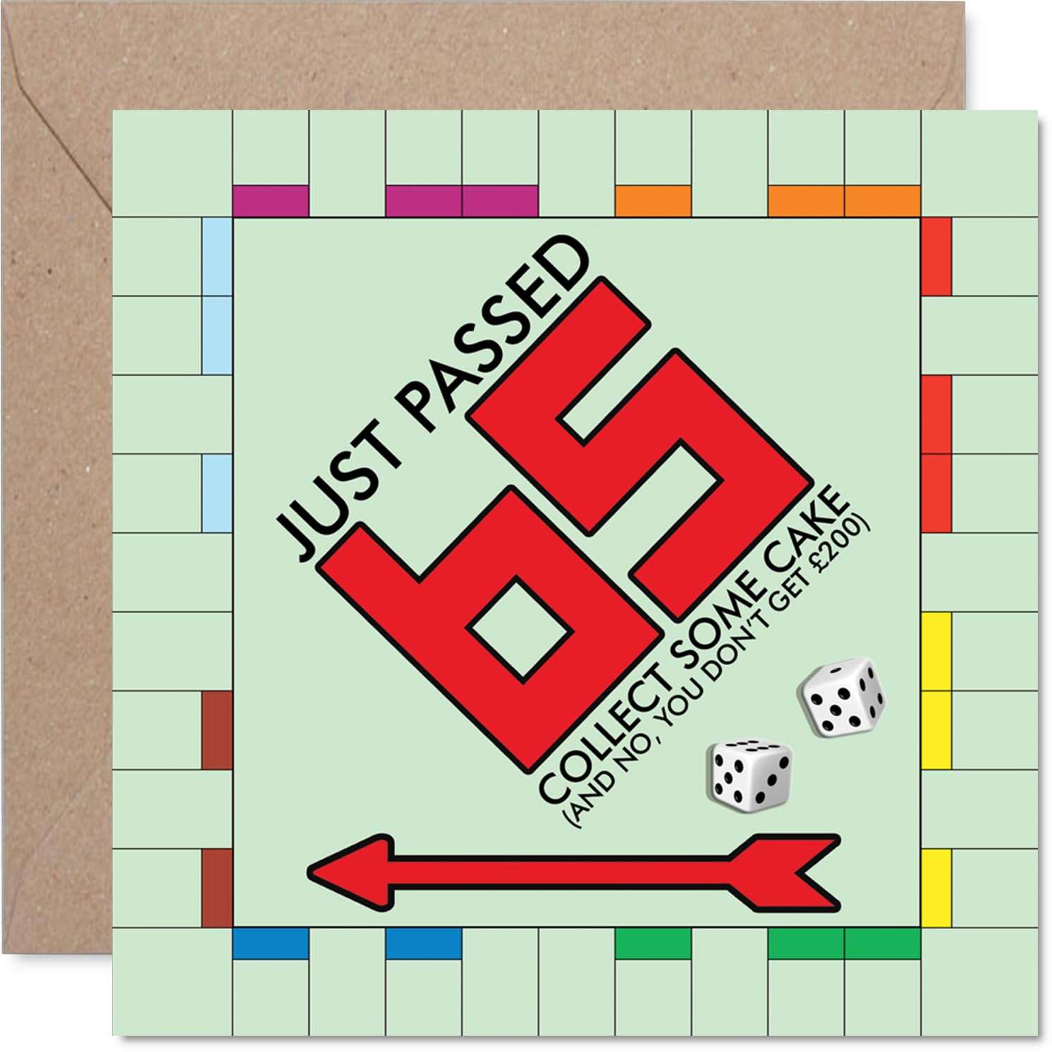 Funny 65th Birthday Card - Passed Go at 65 - Monopoly-inspired Cake and Cash Gag - Playful Nod to Milestone Fun - 145mm Square, Envelope Included
